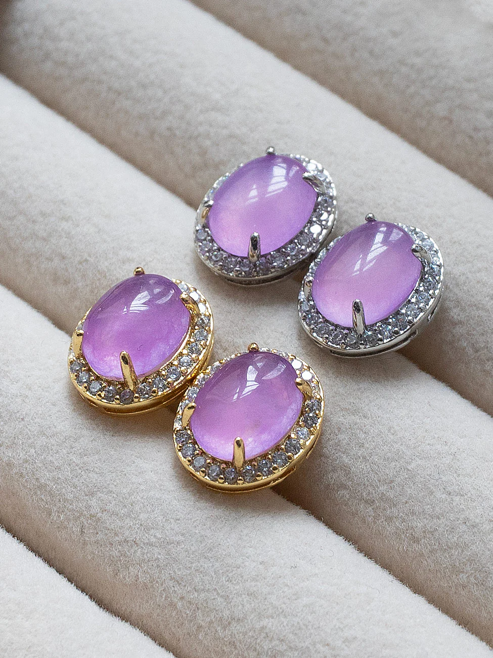 Oval Jade Gemstone Pavé Earstuds - Purple, Silver - Image 5