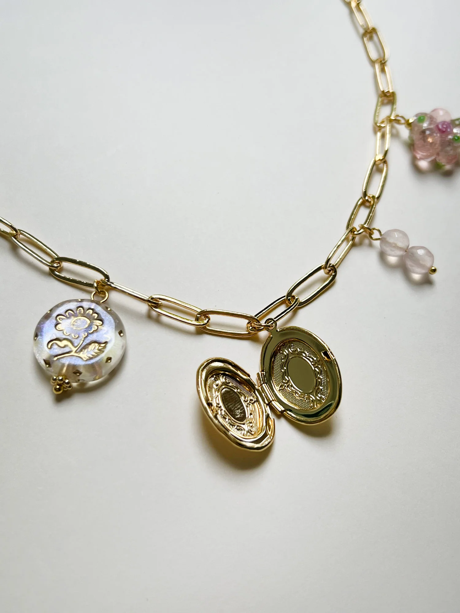 Oval Locket Charm Necklace - Glass Flower/Crystals - Image 3