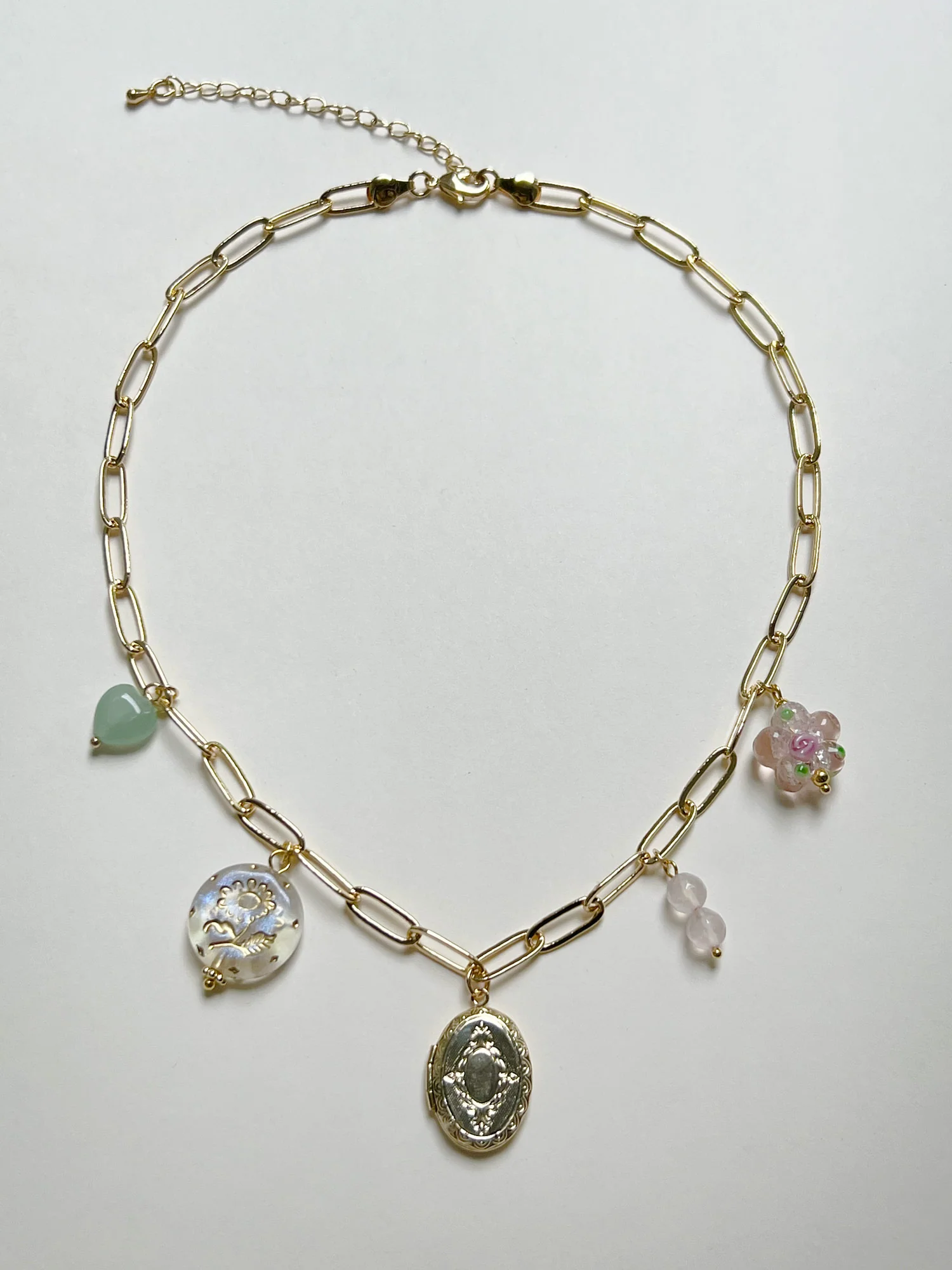 Oval Locket Charm Necklace - Glass Flower/Crystals - Image 4