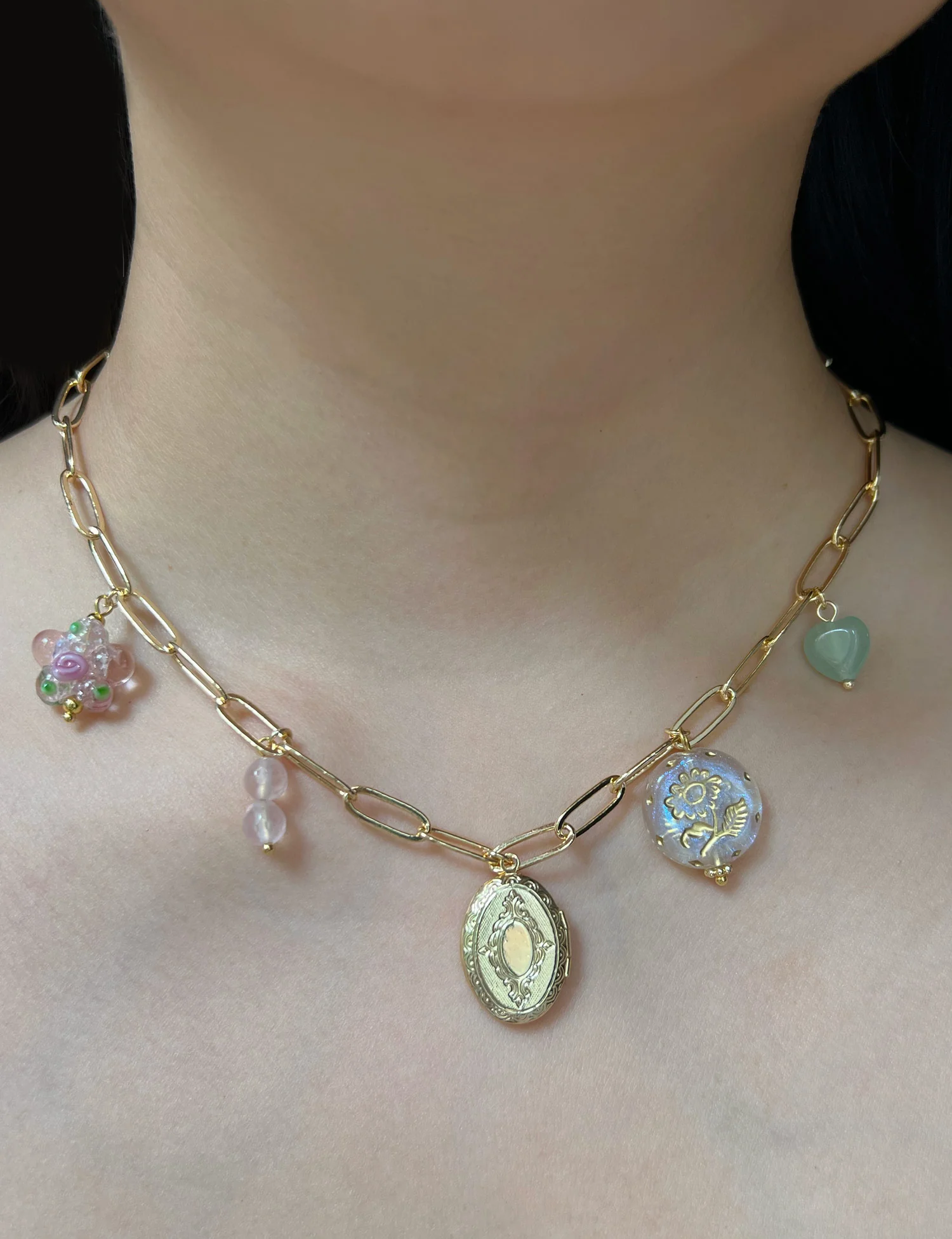 Oval Locket Charm Necklace - Glass Flower/Crystals - Image 6