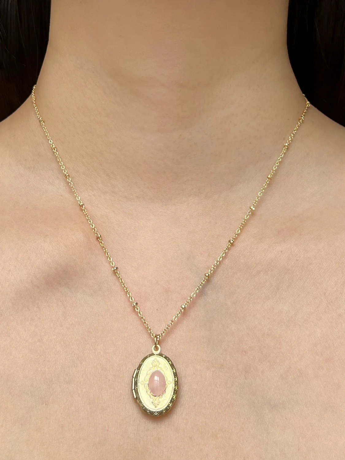 Oval Locket Pendant Necklace - Rose Quartz - Image 3