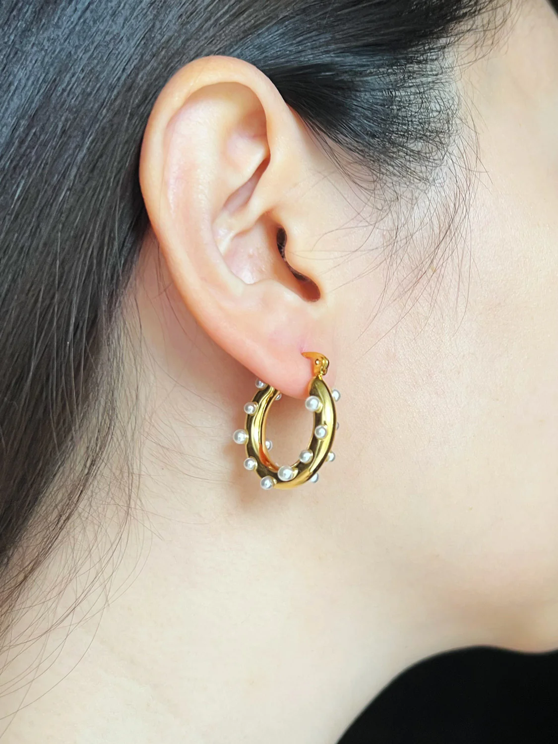 Pearl-encrusted Hoops - Stainless Steel, Gold - Image 2