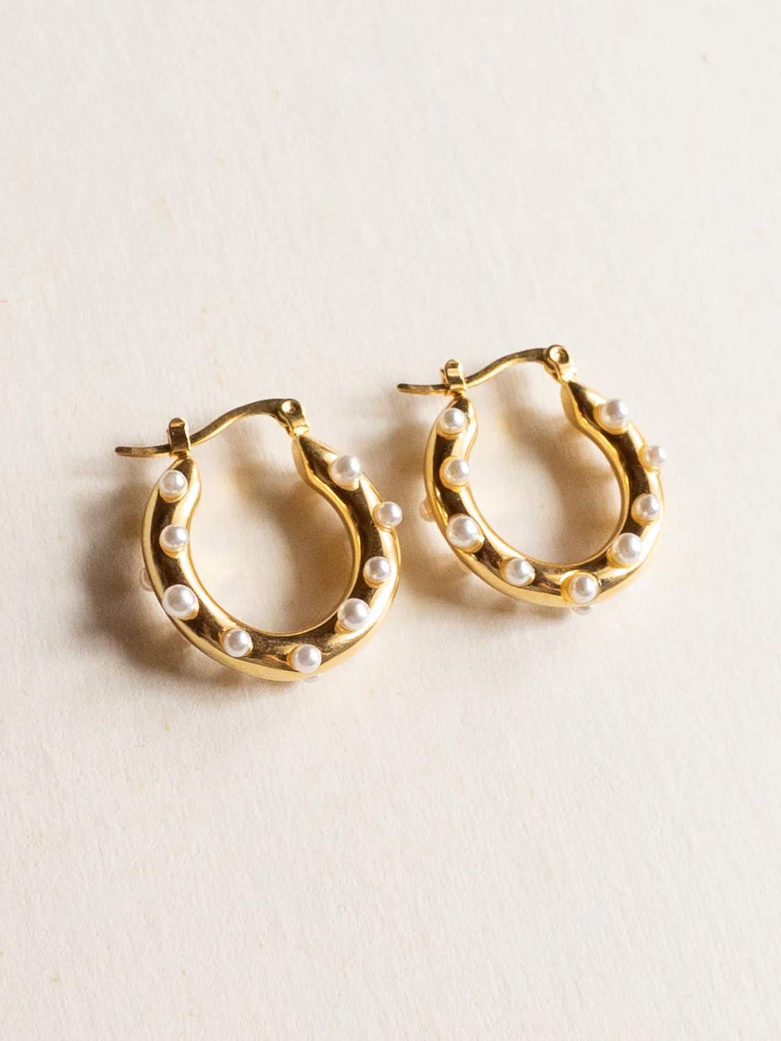 Pearl-encrusted Hoops - Stainless Steel, Gold - Image 3