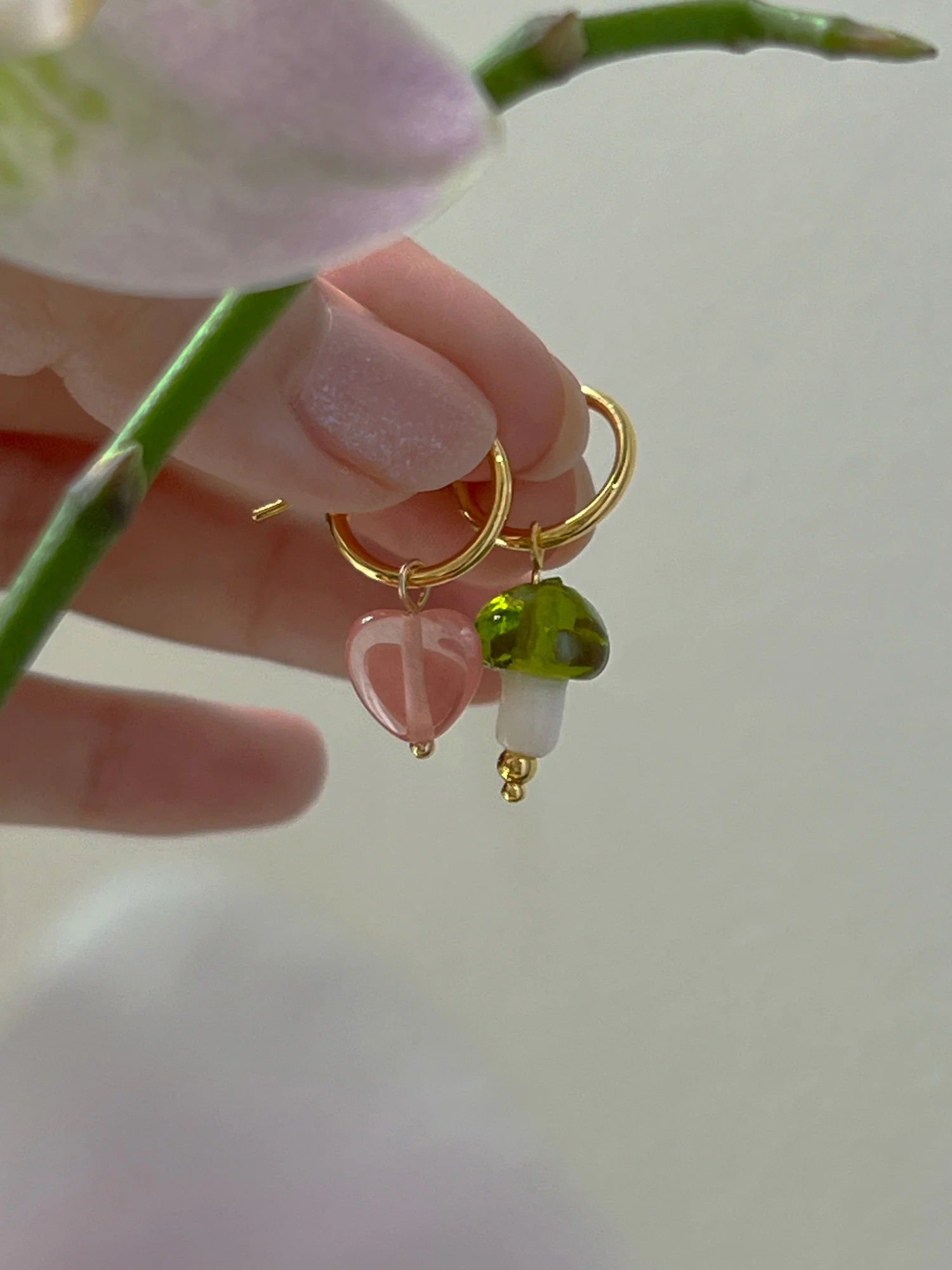 Petite Mushroom Mismatch Hoops - Green - Image 3