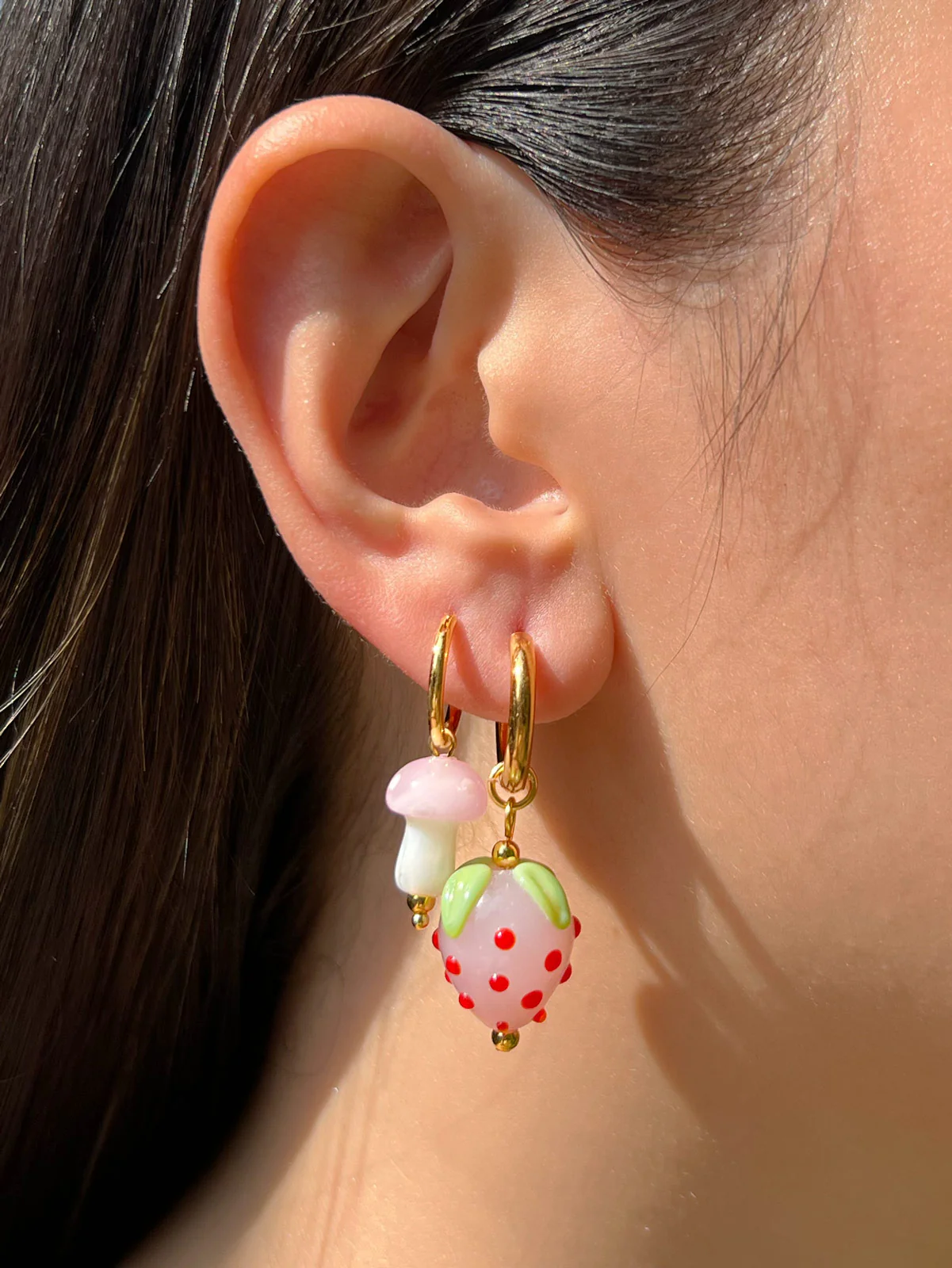 Petite Mushroom Mismatch Hoops - Pink - Image 4