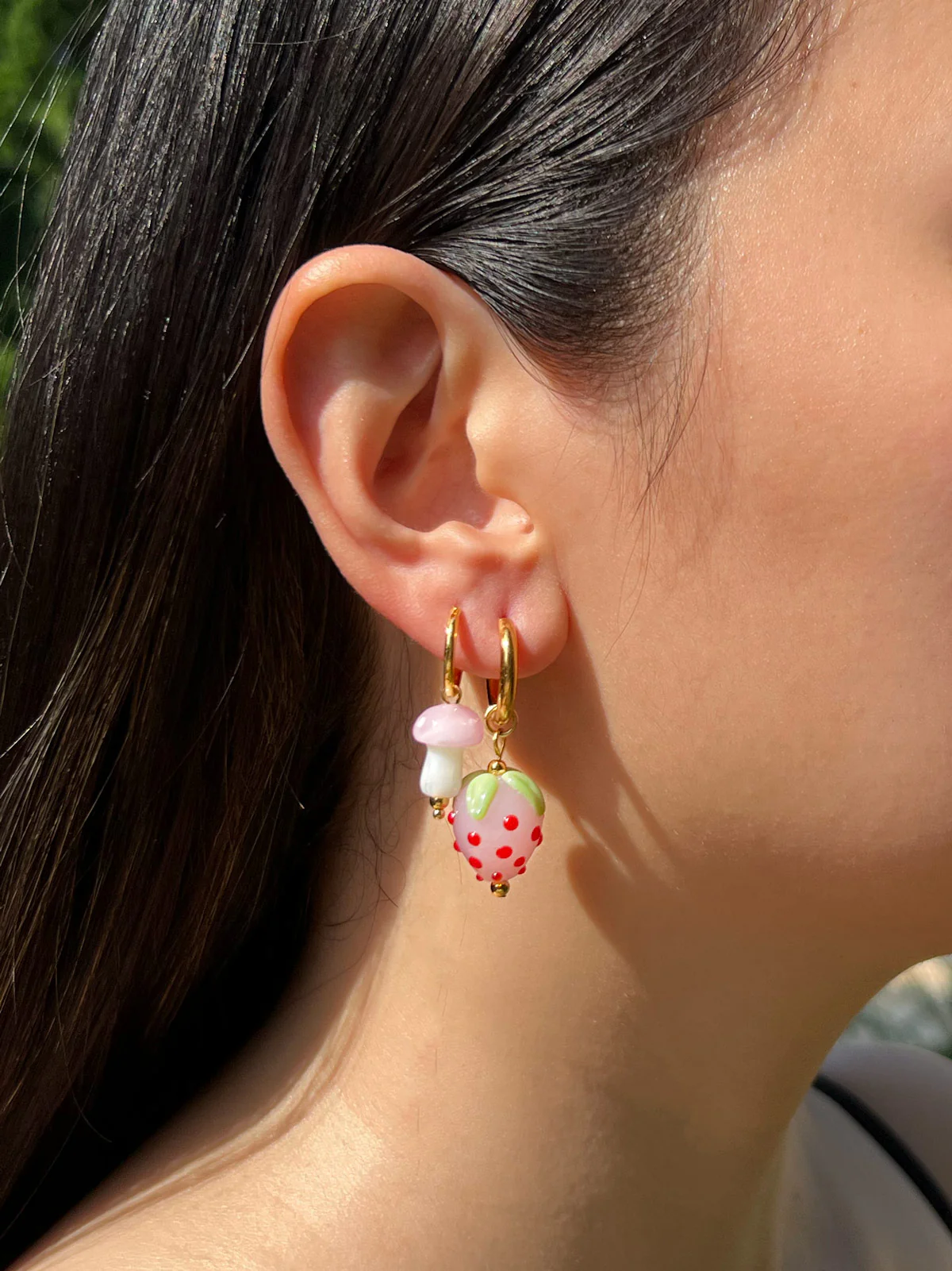 Petite Mushroom Mismatch Hoops - Pink - Image 6