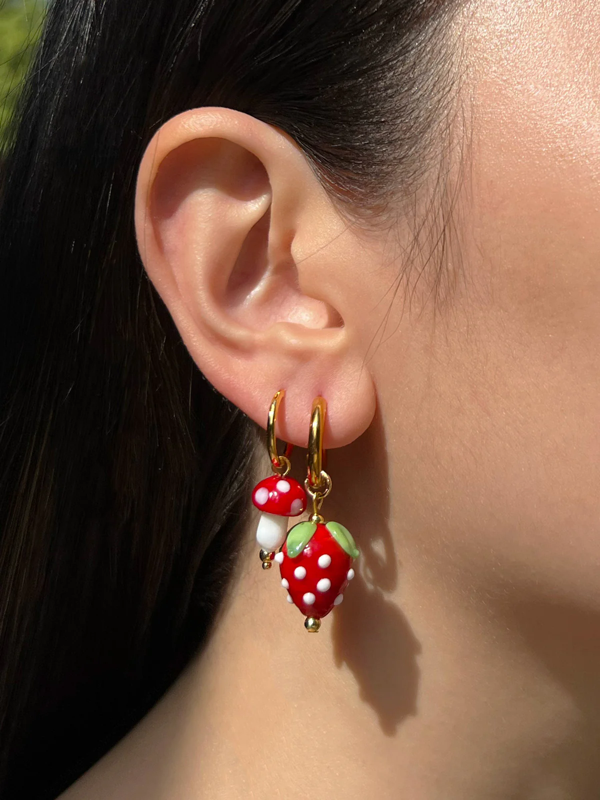 Petite Mushroom Mismatch Hoops - Red - Image 4