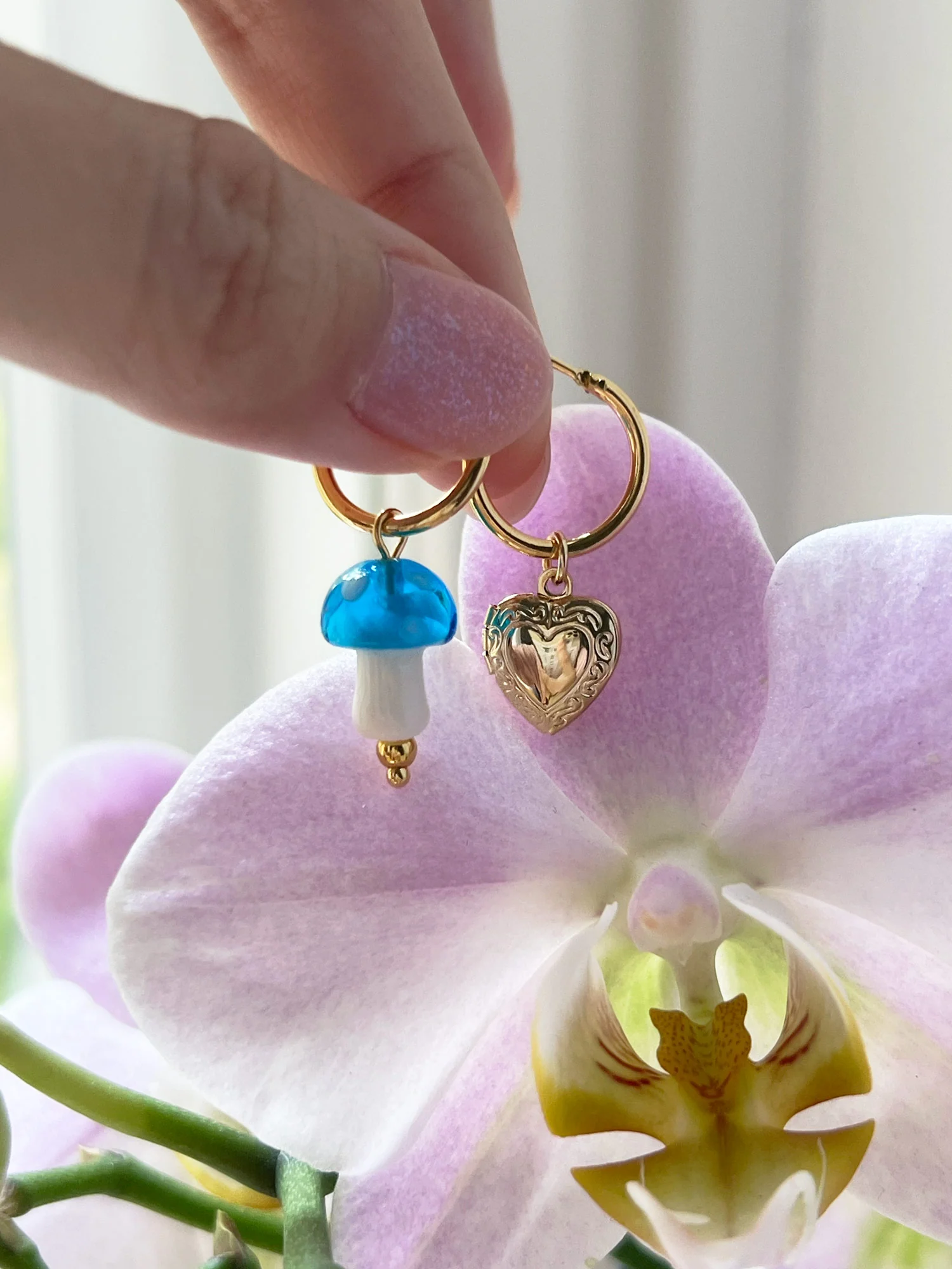 Petite Mushroom Mismatch Hoops - Sky Blue - Image 4