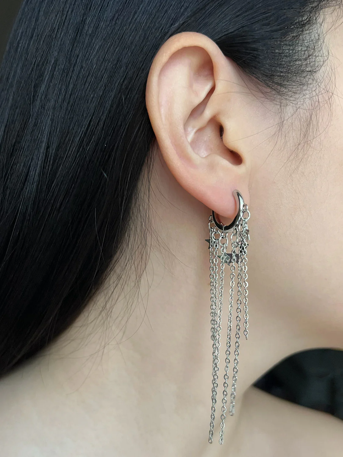 Petite Silver Huggies with Dangling Chains - Image 3