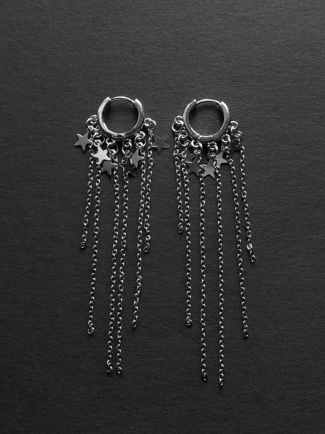 Petite Silver Huggies with Dangling Chains - Image 4