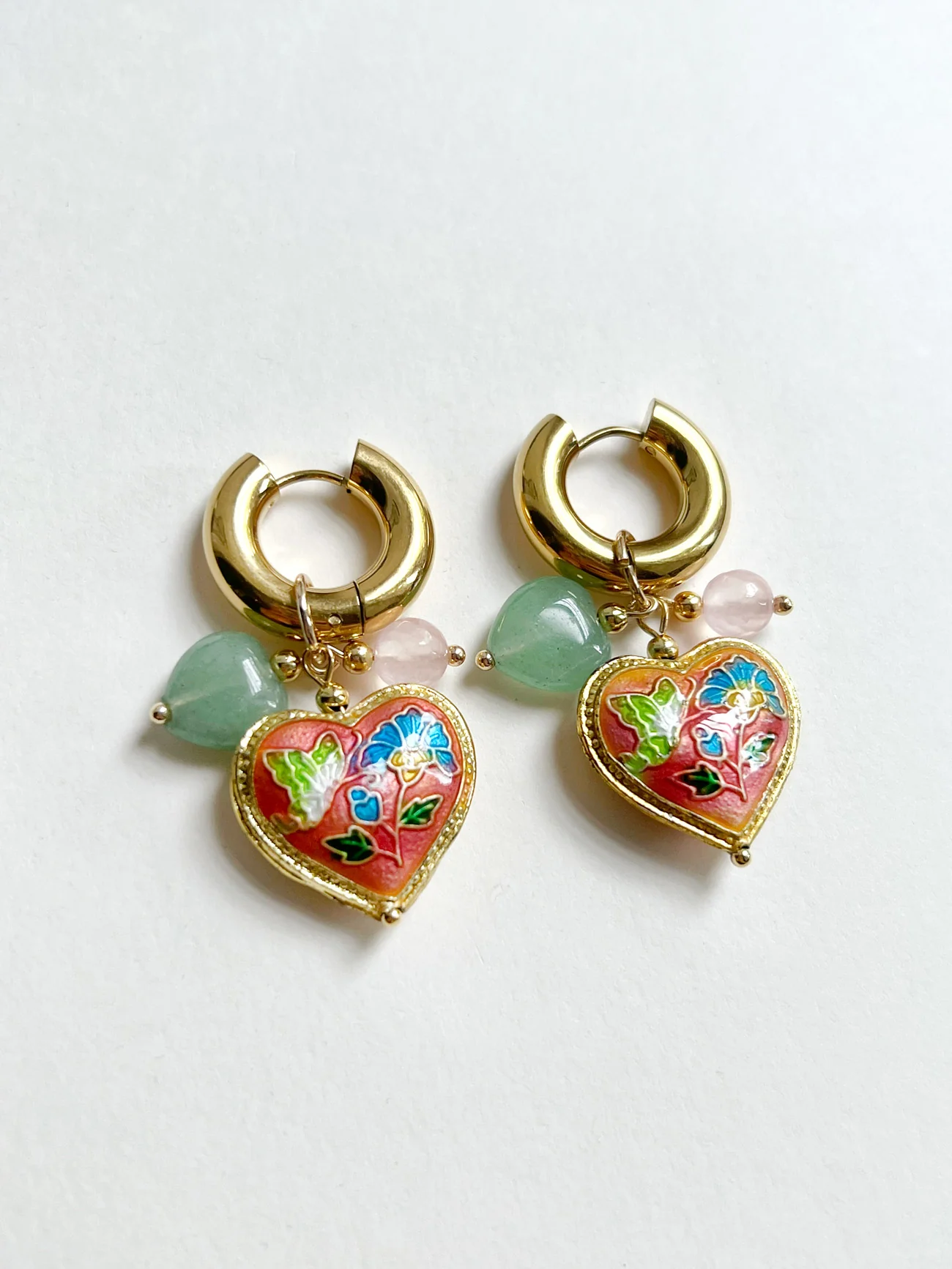 Pink Cloisonne Heart Chunky Gold Hoops - Rose Quartz/Green Aventurine - Image 2