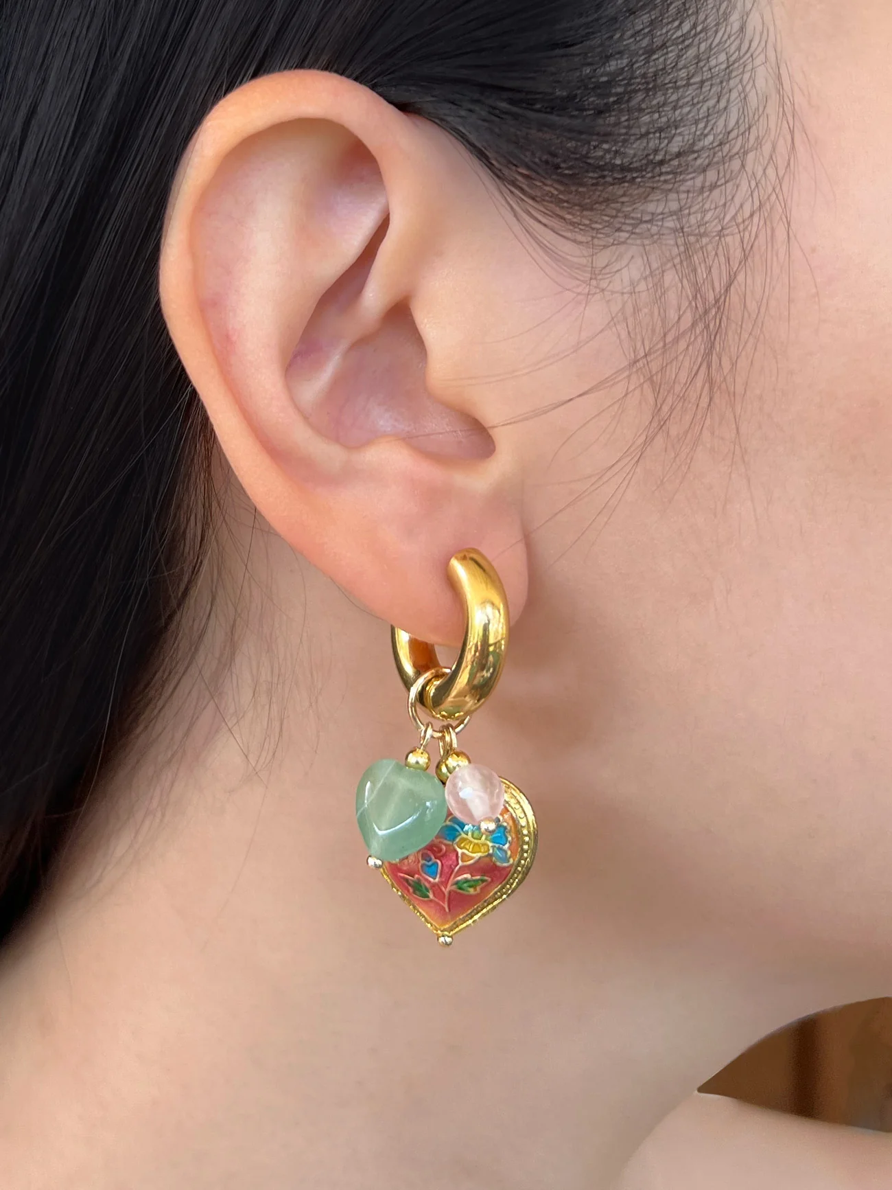 Pink Cloisonne Heart Chunky Gold Hoops - Rose Quartz/Green Aventurine - Image 3