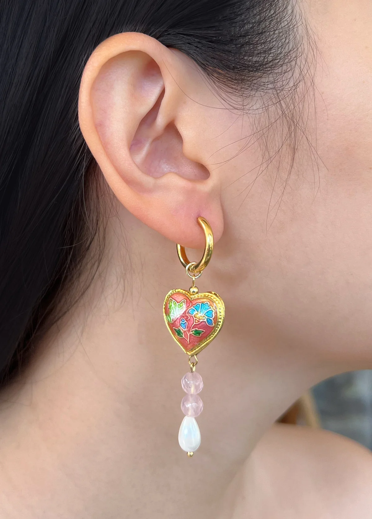 Pink Cloisonne Heart Dangling Earrings - Rose Quartz/Teardrop Pearl - Image 2