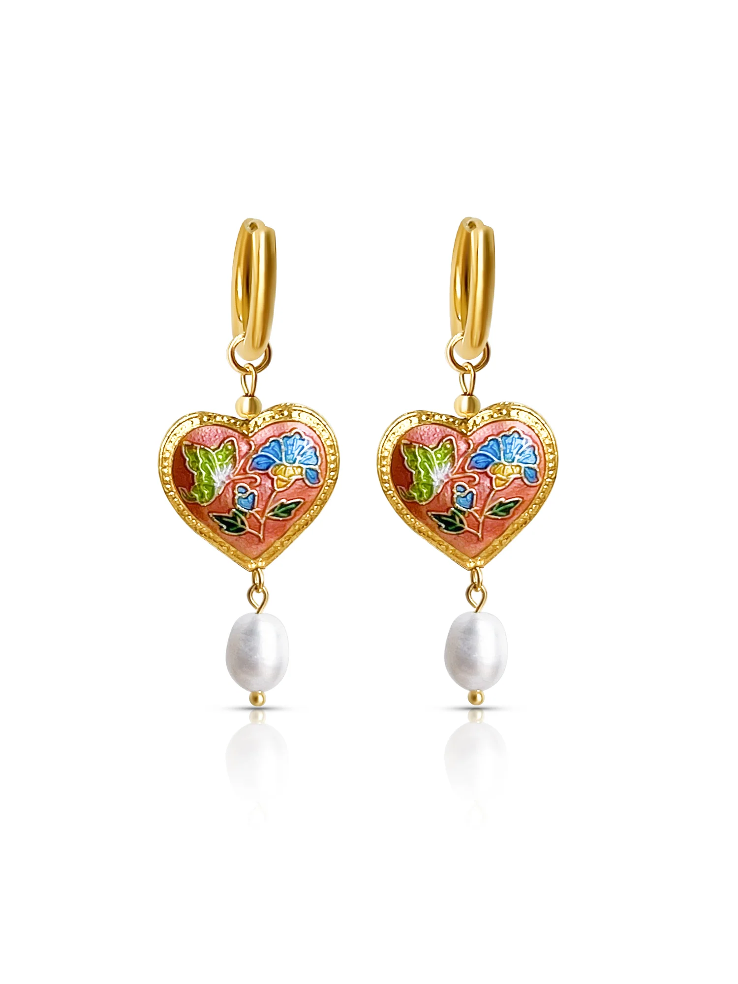 Pink Cloisonne Heart Dangling Earrings with Pearl - Image 3