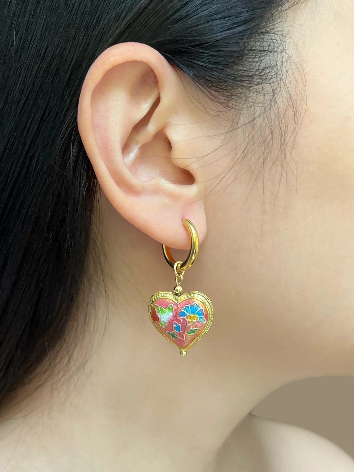 Pink Cloisonne Heart Hoops - Image 3