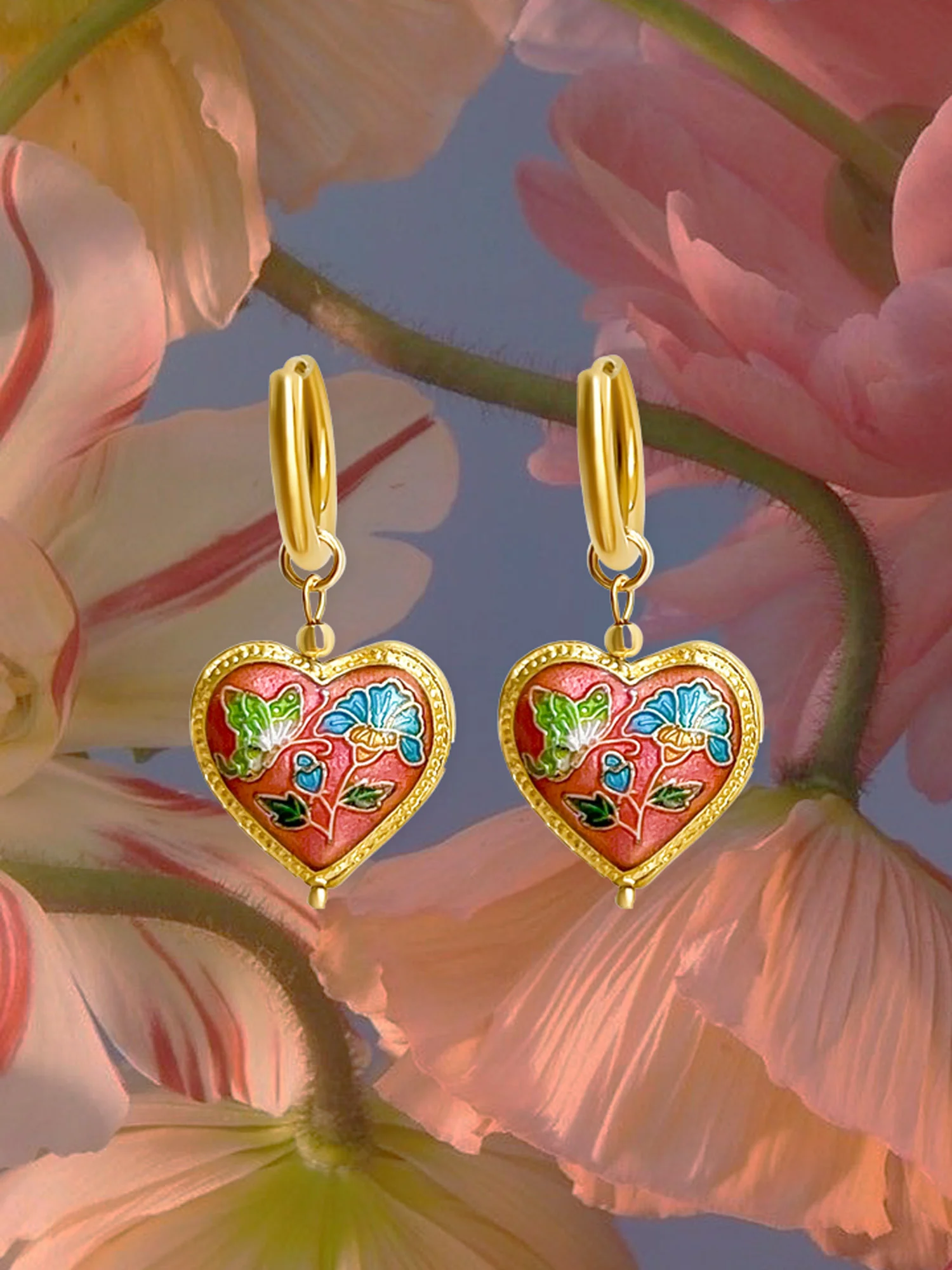 Pink Cloisonne Heart Hoops - Image 4
