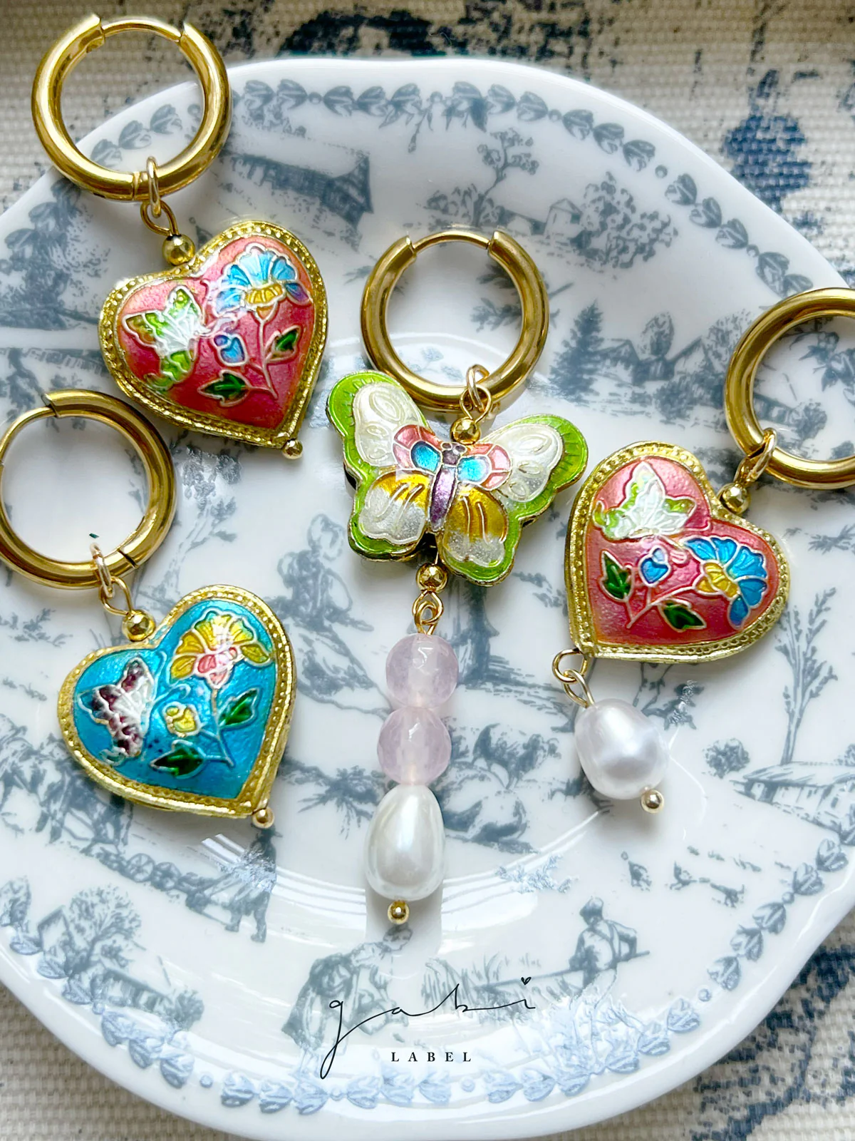 Pink Cloisonne Heart Hoops - Image 5