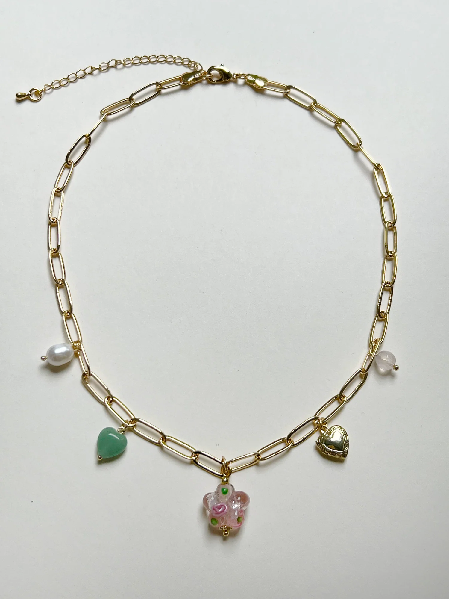 Pink Glass Flower Charm Necklace - Locket/Crystals - Image 3