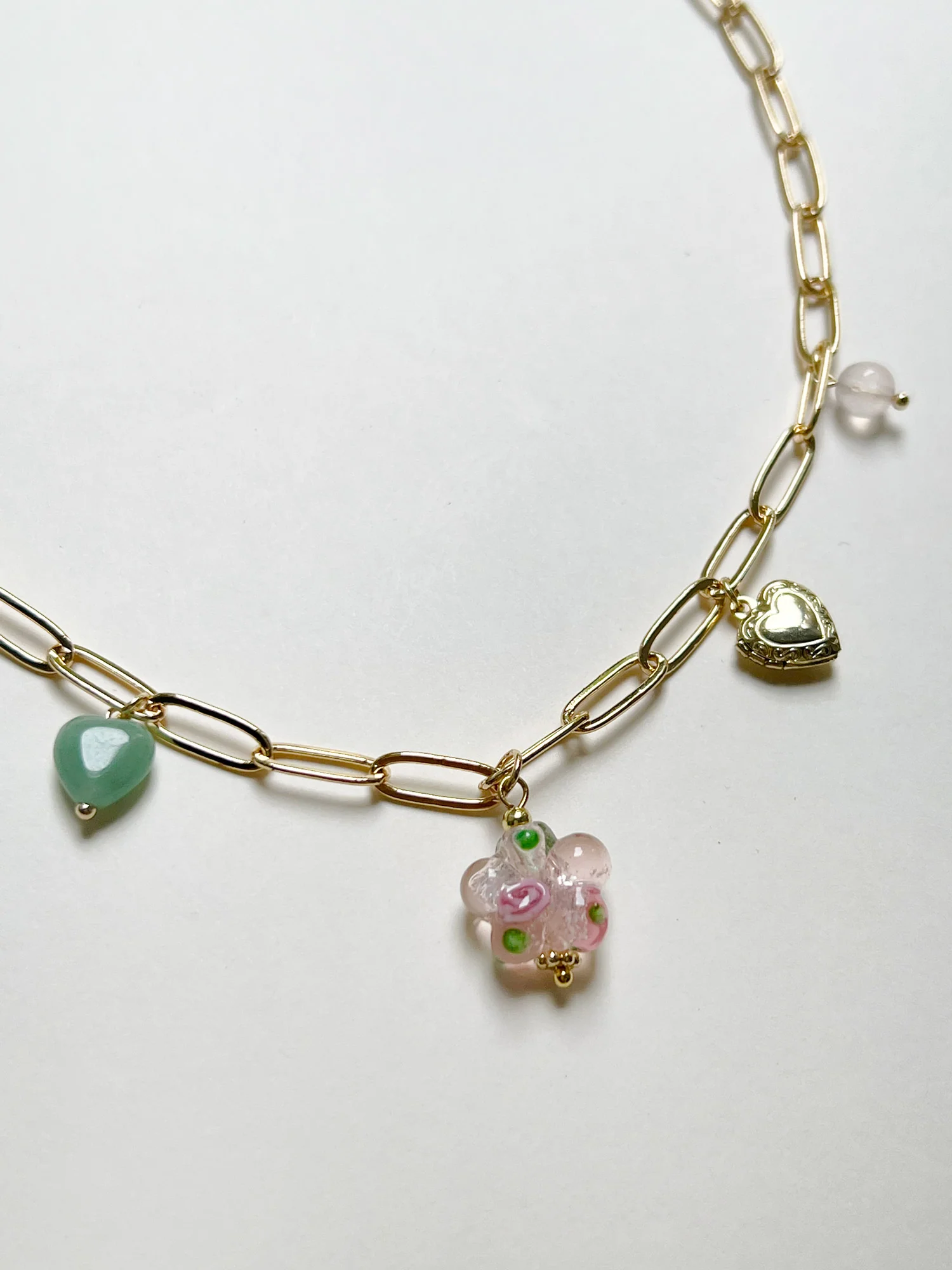 Pink Glass Flower Charm Necklace - Locket/Crystals - Image 4