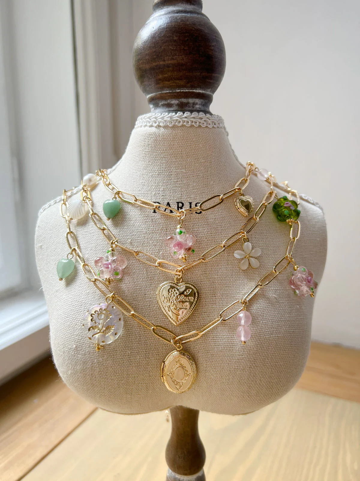 Pink Glass Flower Charm Necklace - Locket/Crystals - Image 8