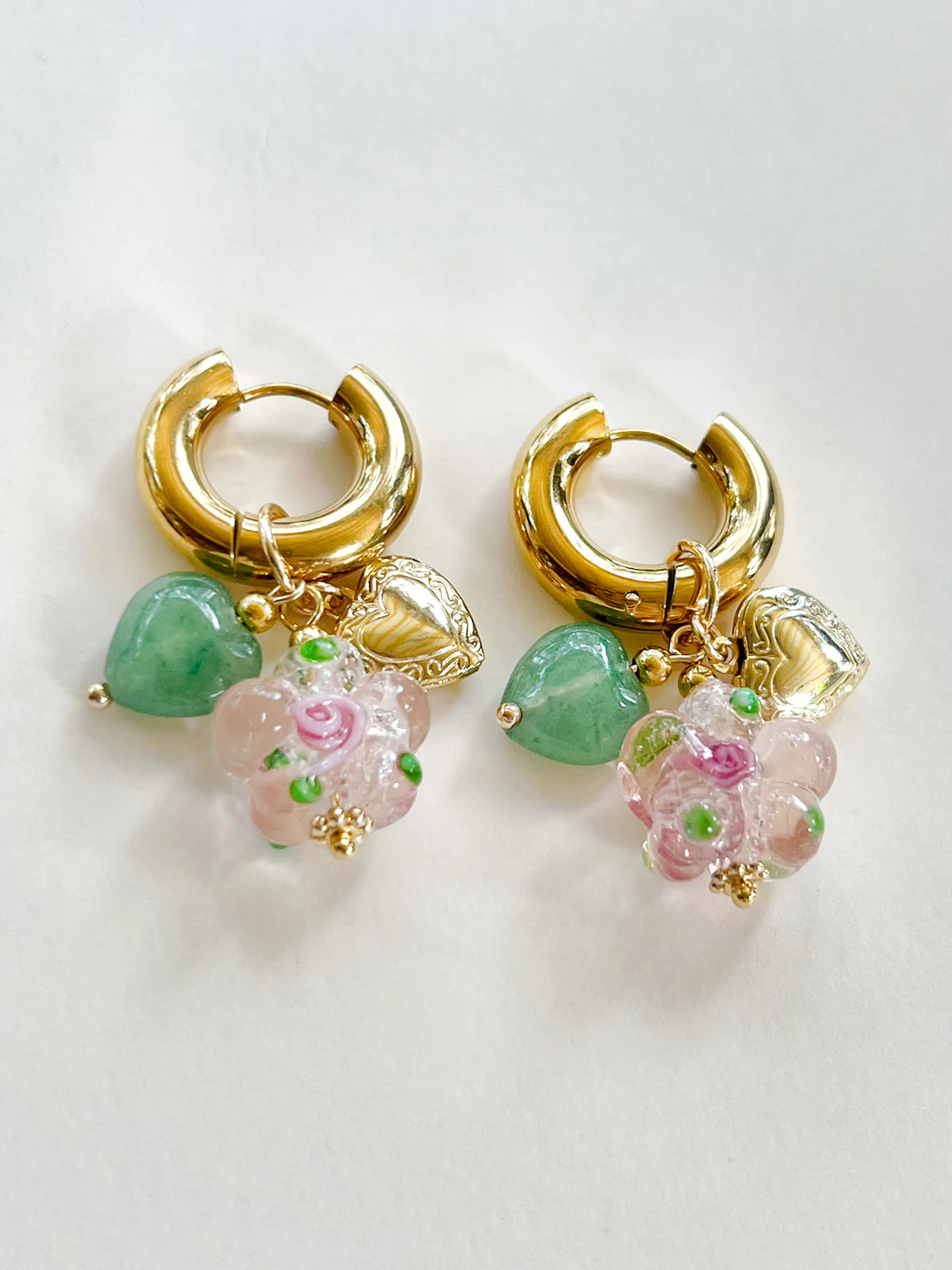 Pink Glass Flower Chunky Hoops - Heart Locket/Green Aventurine - Image 3