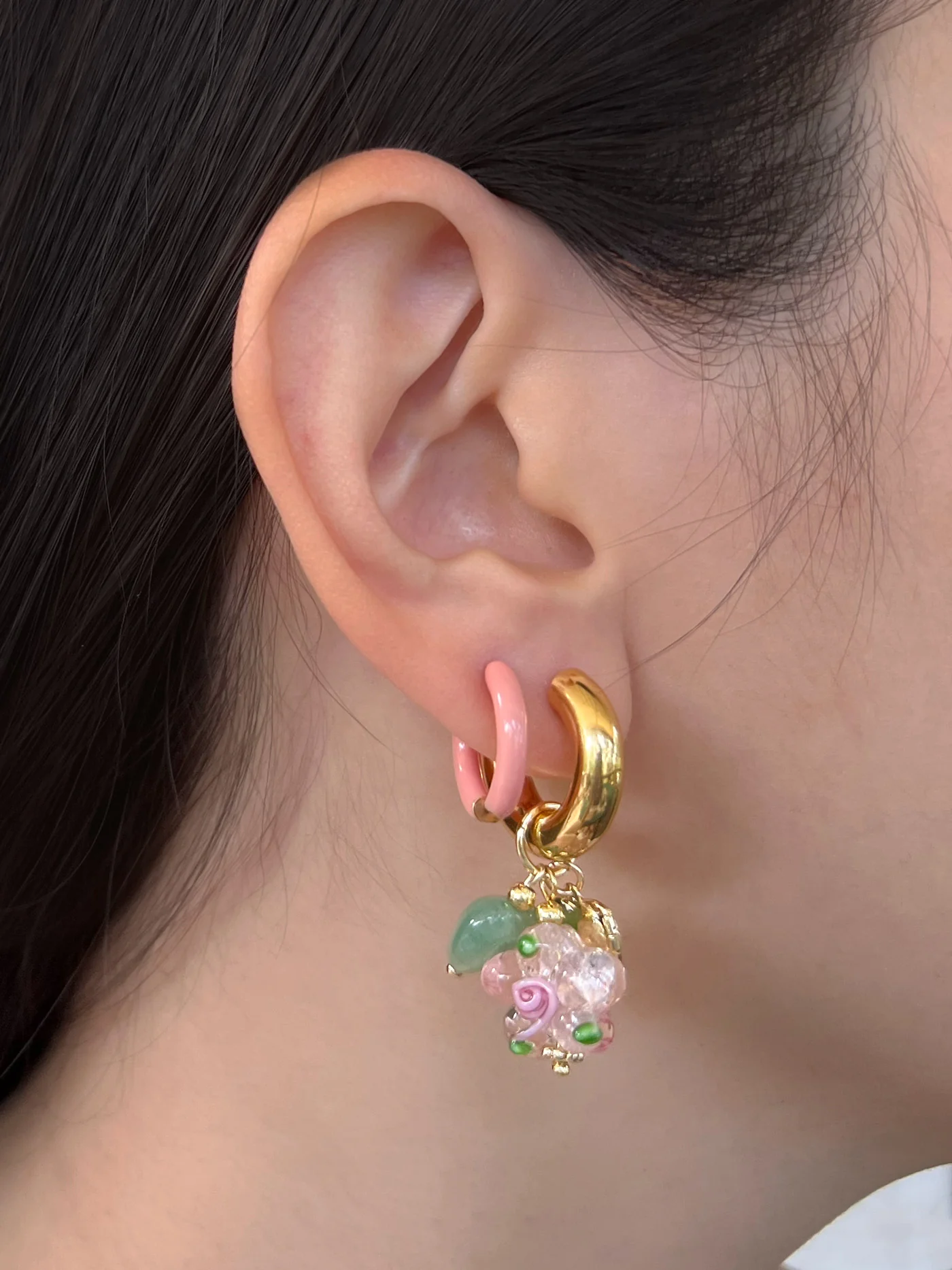 Pink Glass Flower Chunky Hoops - Heart Locket/Green Aventurine - Image 6