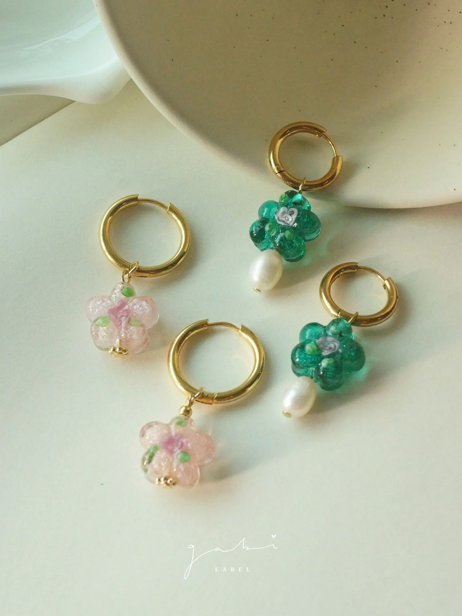 Pink Glass Flower Hoop Earrings - Image 5