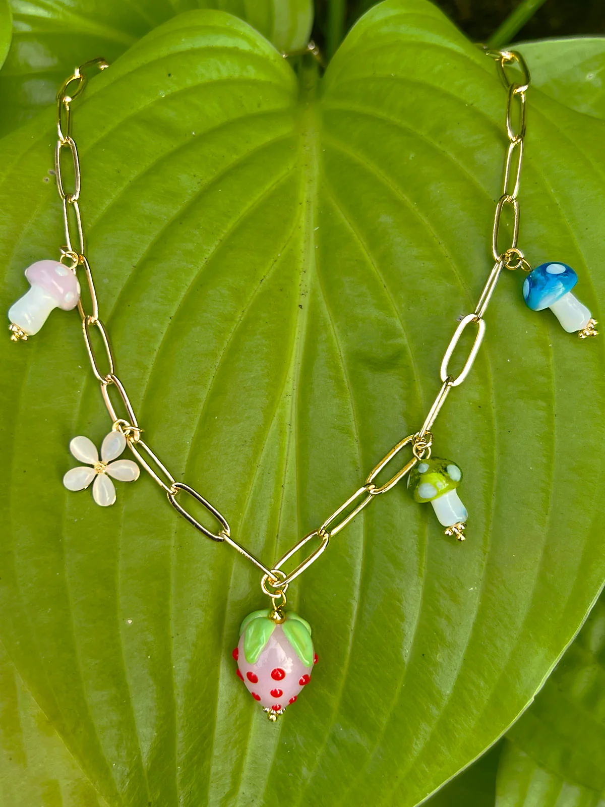 Pink Strawberry Charm Necklace with Colourful Mushrooms - Image 3
