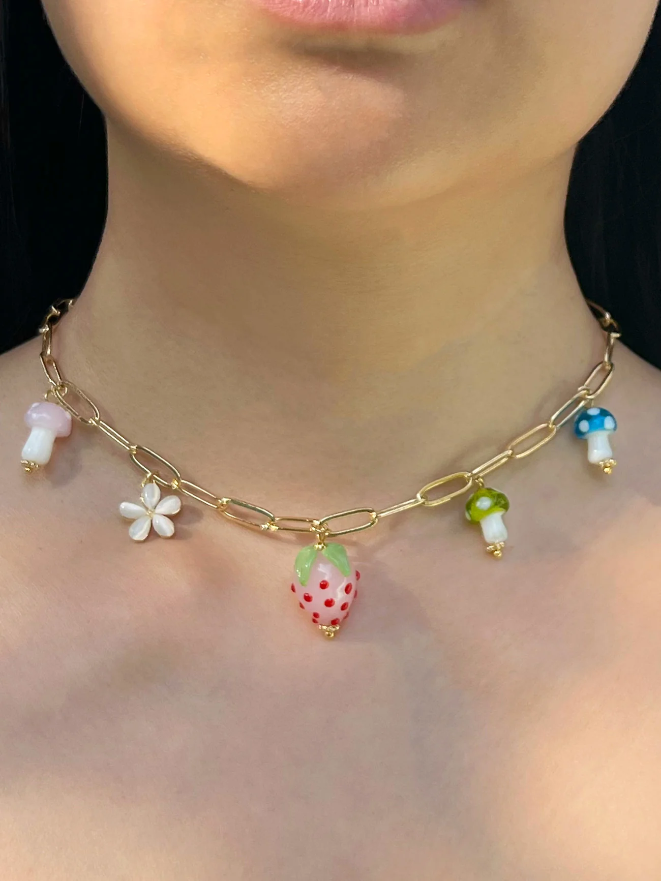 Pink Strawberry Charm Necklace with Colourful Mushrooms - Image 4