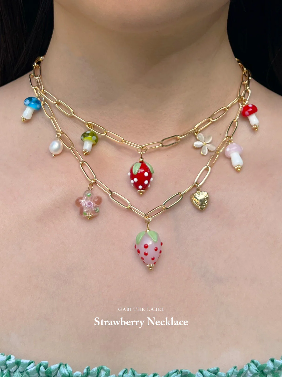 Pink Strawberry Charm Necklace with Petite Locket - Image 4