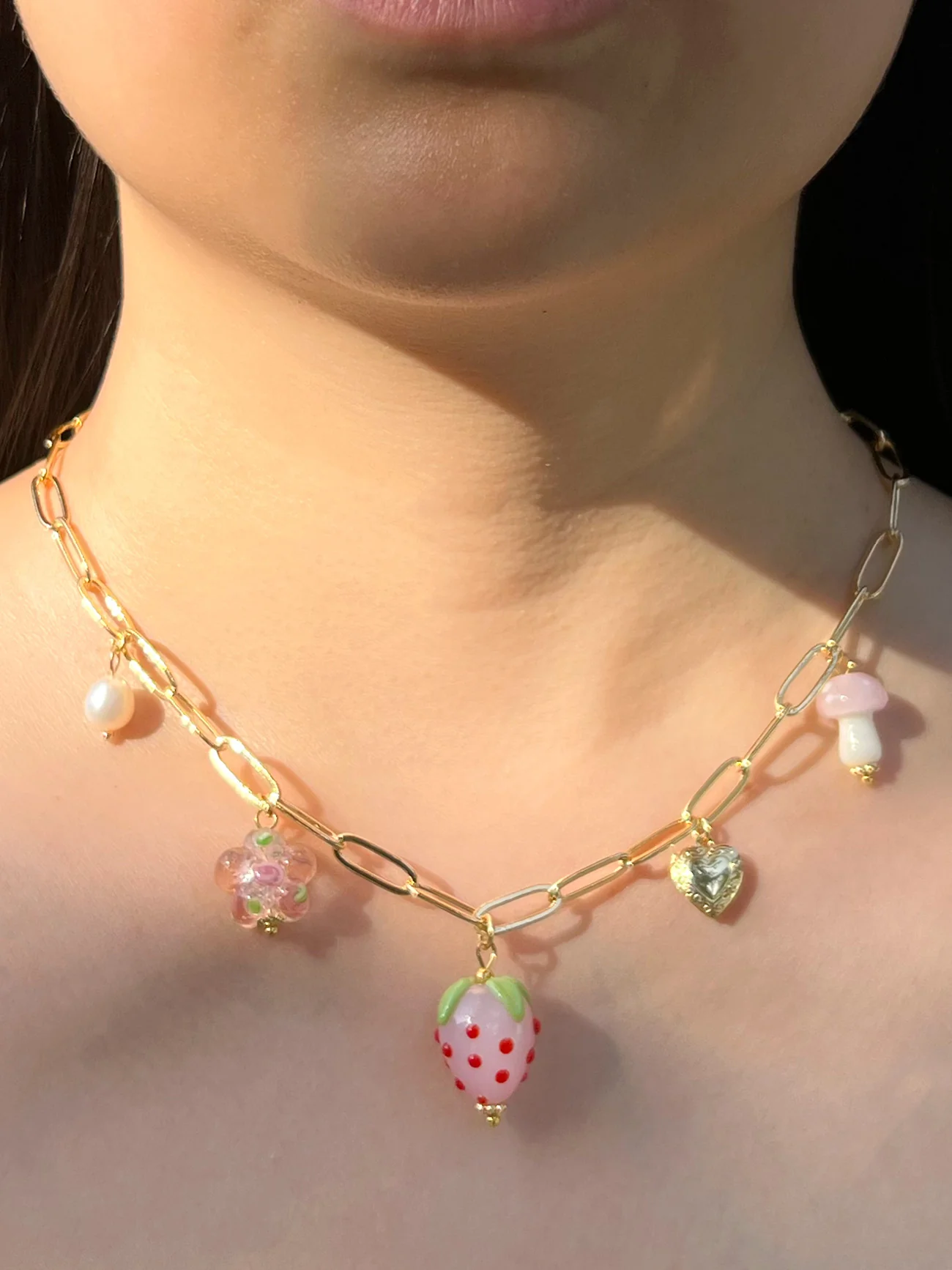 Pink Strawberry Charm Necklace with Petite Locket - Image 6