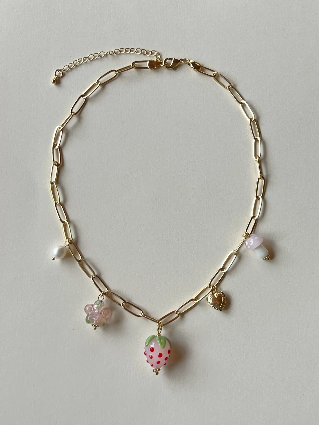 Pink Strawberry Charm Necklace with Petite Locket - Image 7