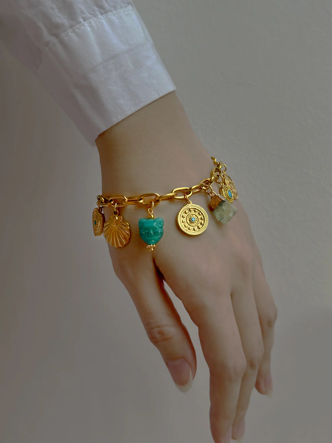 Protection Charms Chunky Gold Bracelet - Turquoise Elements - Image 2