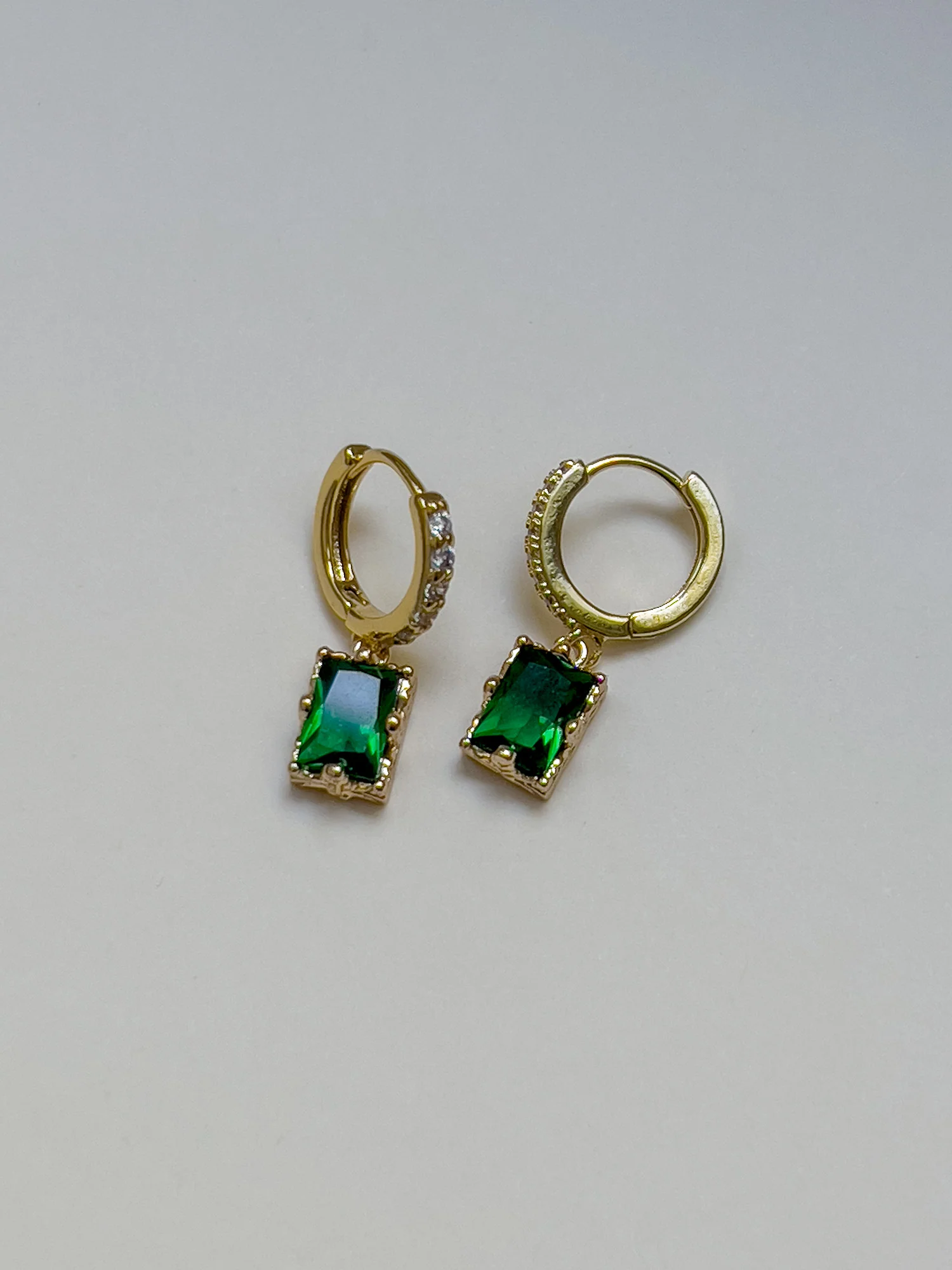 Rectangular Gemstone Pavé Huggies - Emerald Green - Image 3