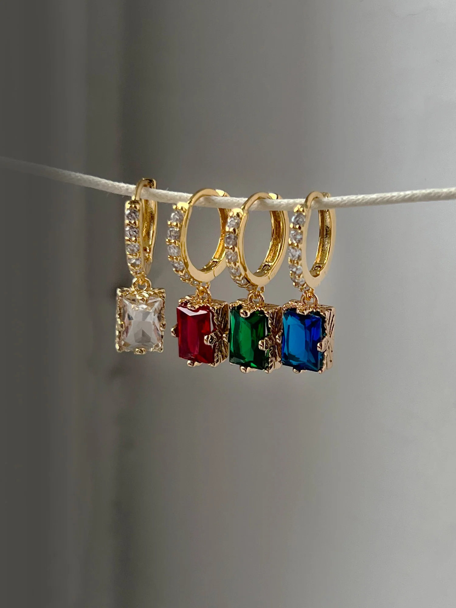 Rectangular Gemstone Pavé Huggies - Emerald Green - Image 4