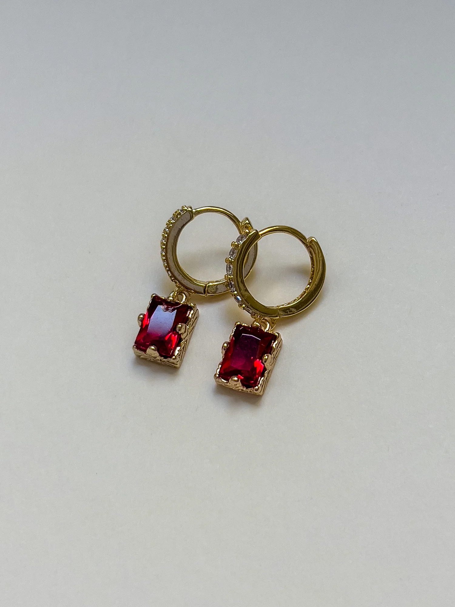 Rectangular Gemstone Pavé Huggies - Garnet Red - Image 4