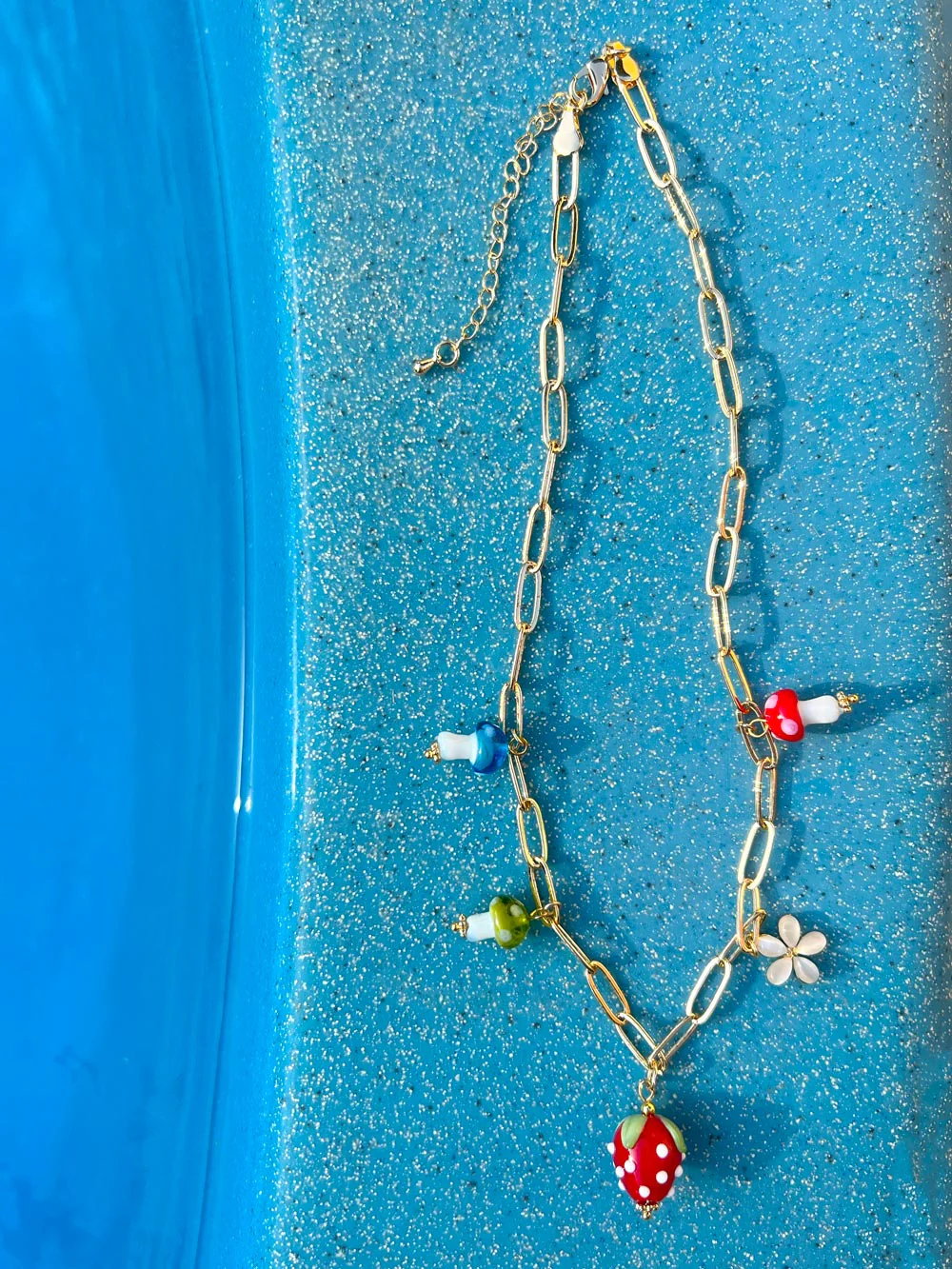 Red Strawberry Charm Necklace with Colourful Mushrooms - Image 3