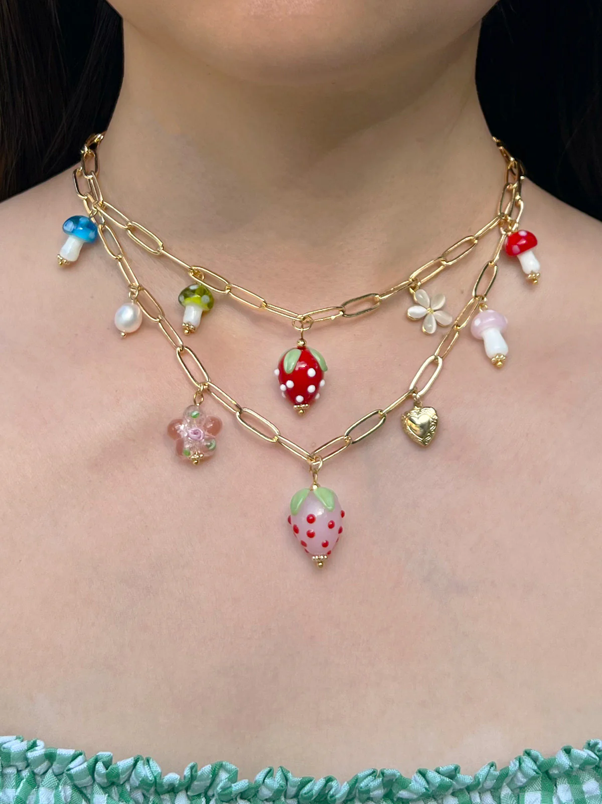 Red Strawberry Charm Necklace with Colourful Mushrooms - Image 4