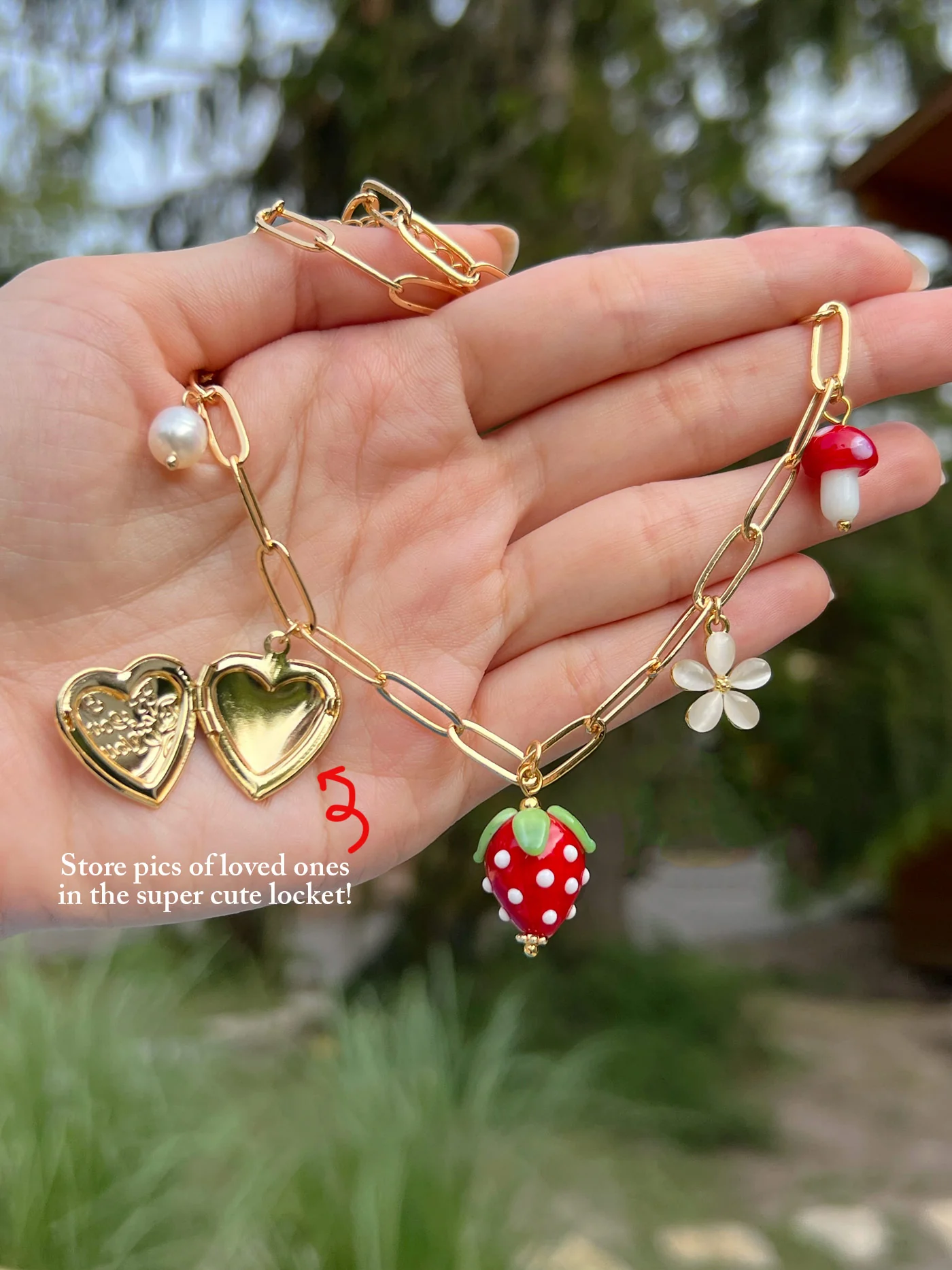 Red Strawberry Charm Necklace with Locket - Image 5