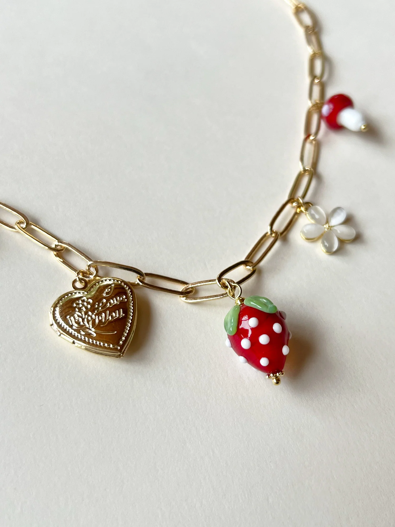 Red Strawberry Charm Necklace with Locket - Image 6