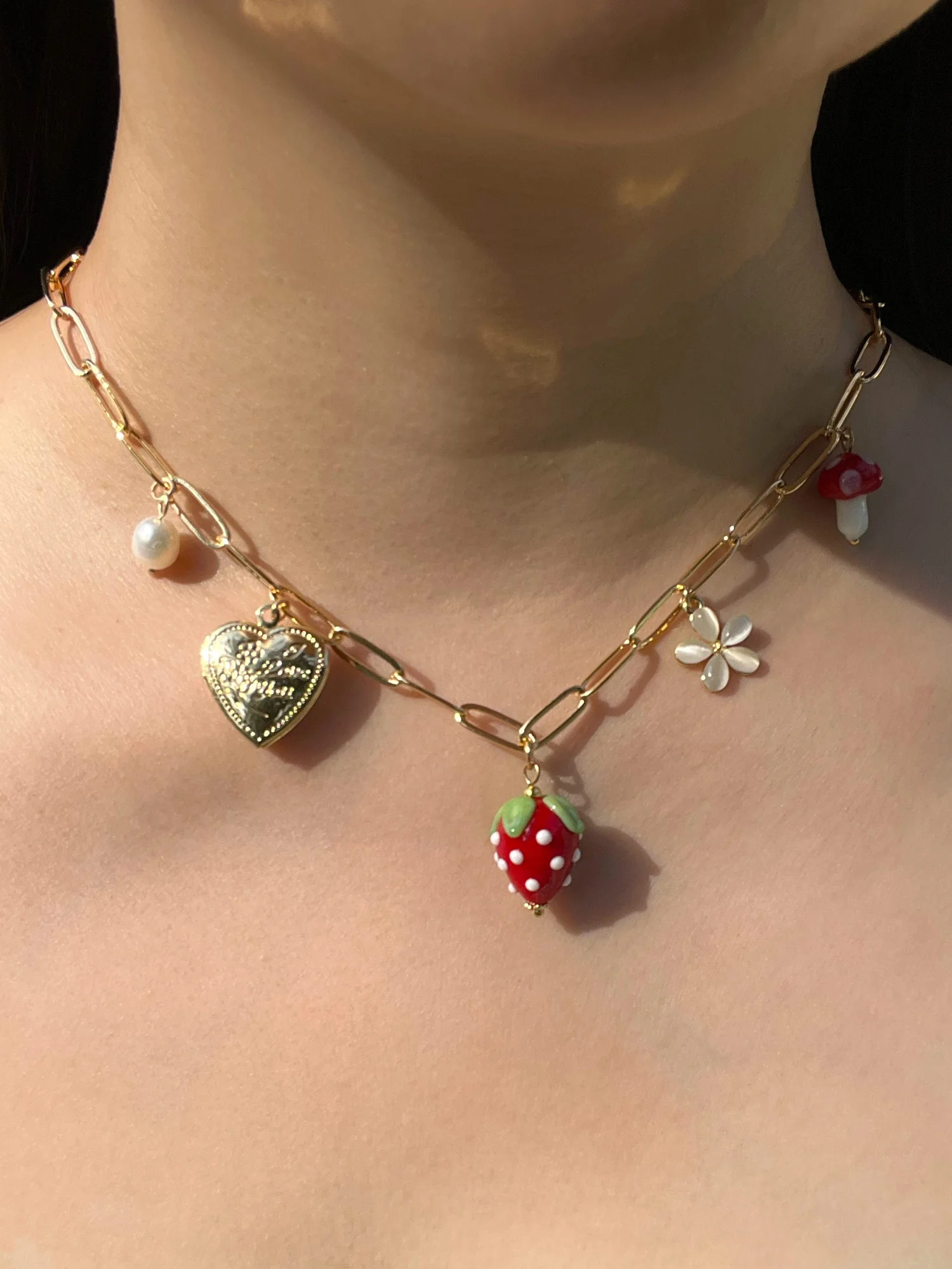 Red Strawberry Charm Necklace with Locket - Image 9