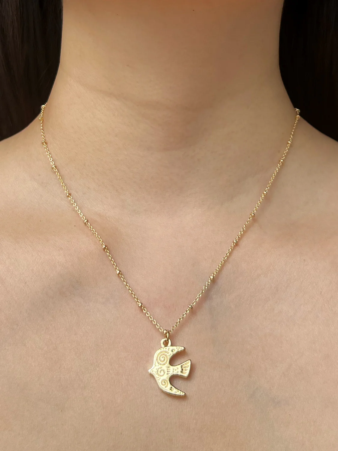 Resort Necklace, Gold - Carved Peaceful Dove - Image 2