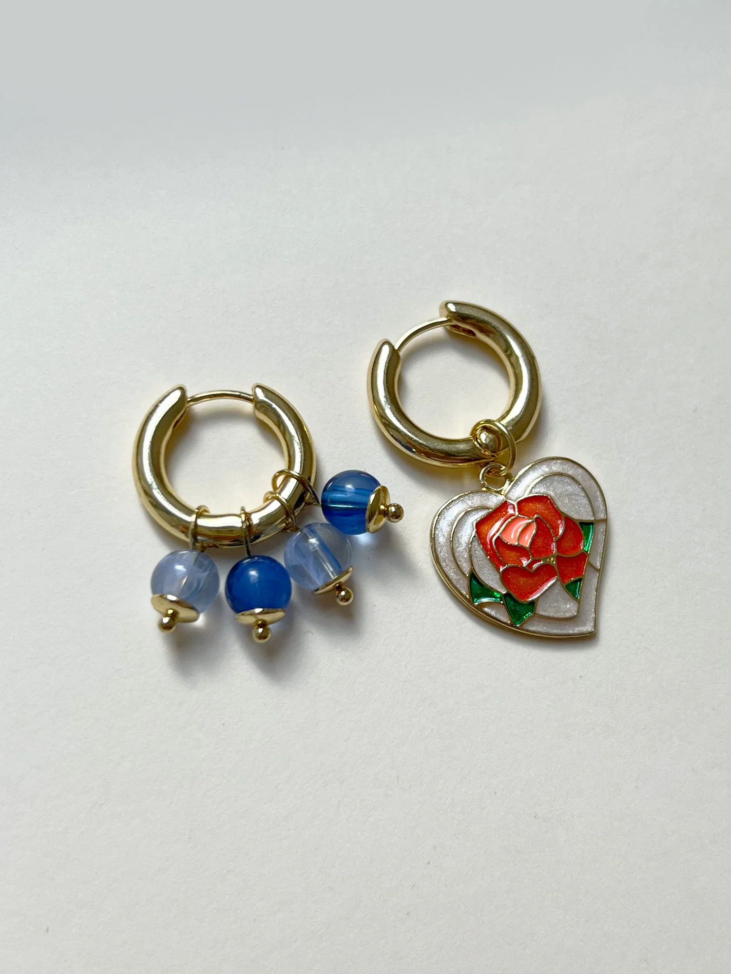Rose Heart Mismatched Hoops with Blue Natural Stones - Image 3