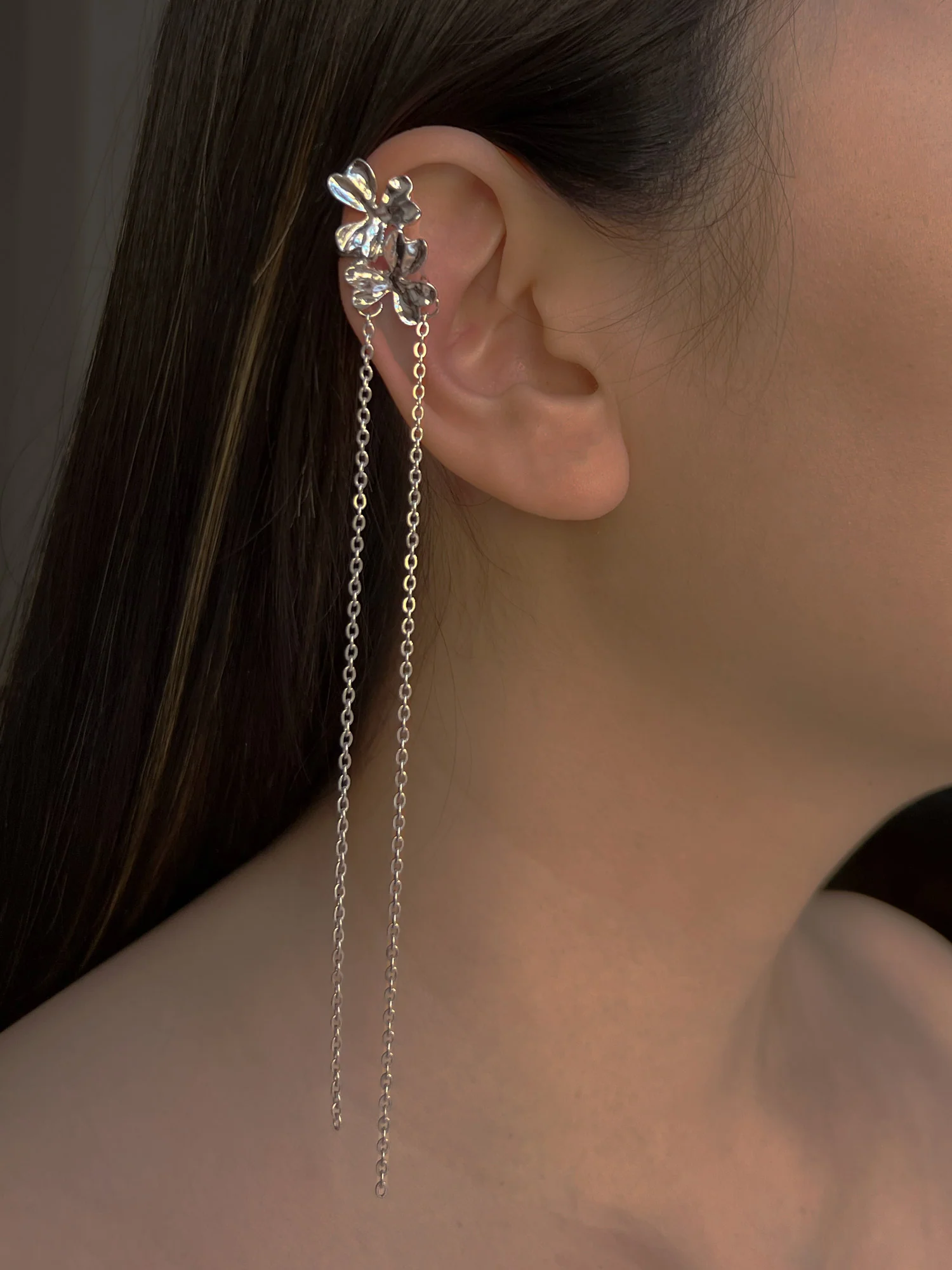 Silver Flower Cascading Ear Cuff - Image 2