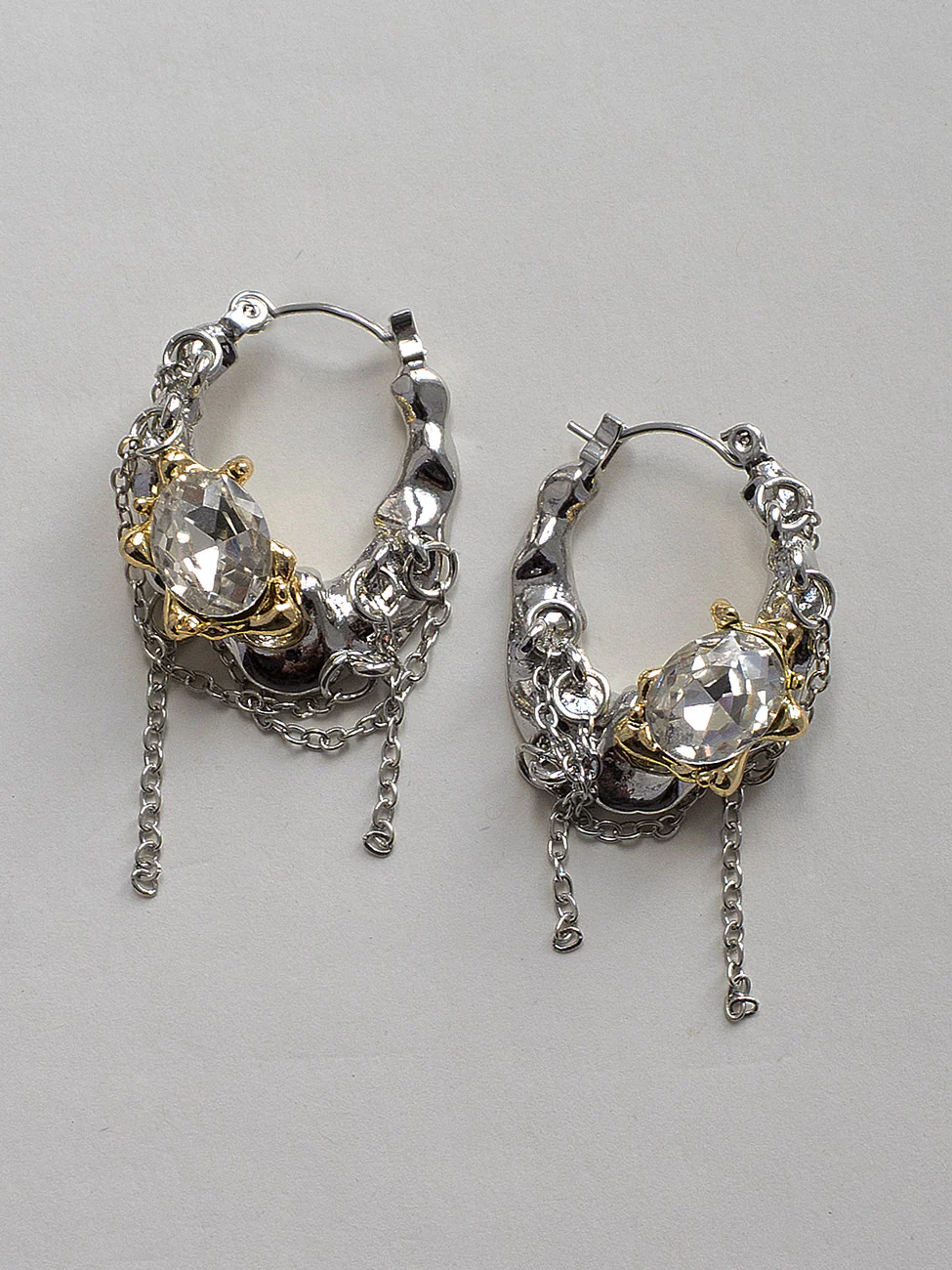 Silver-Gold Baroque Gems and Chain Hoops