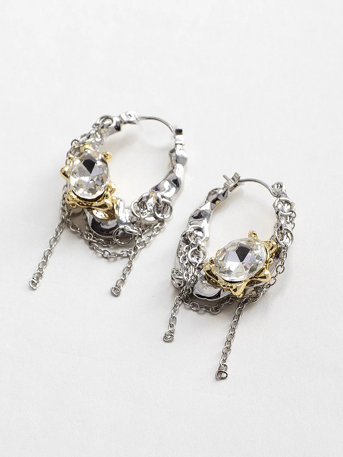 Silver-Gold Baroque Gems and Chain Hoops - Image 2