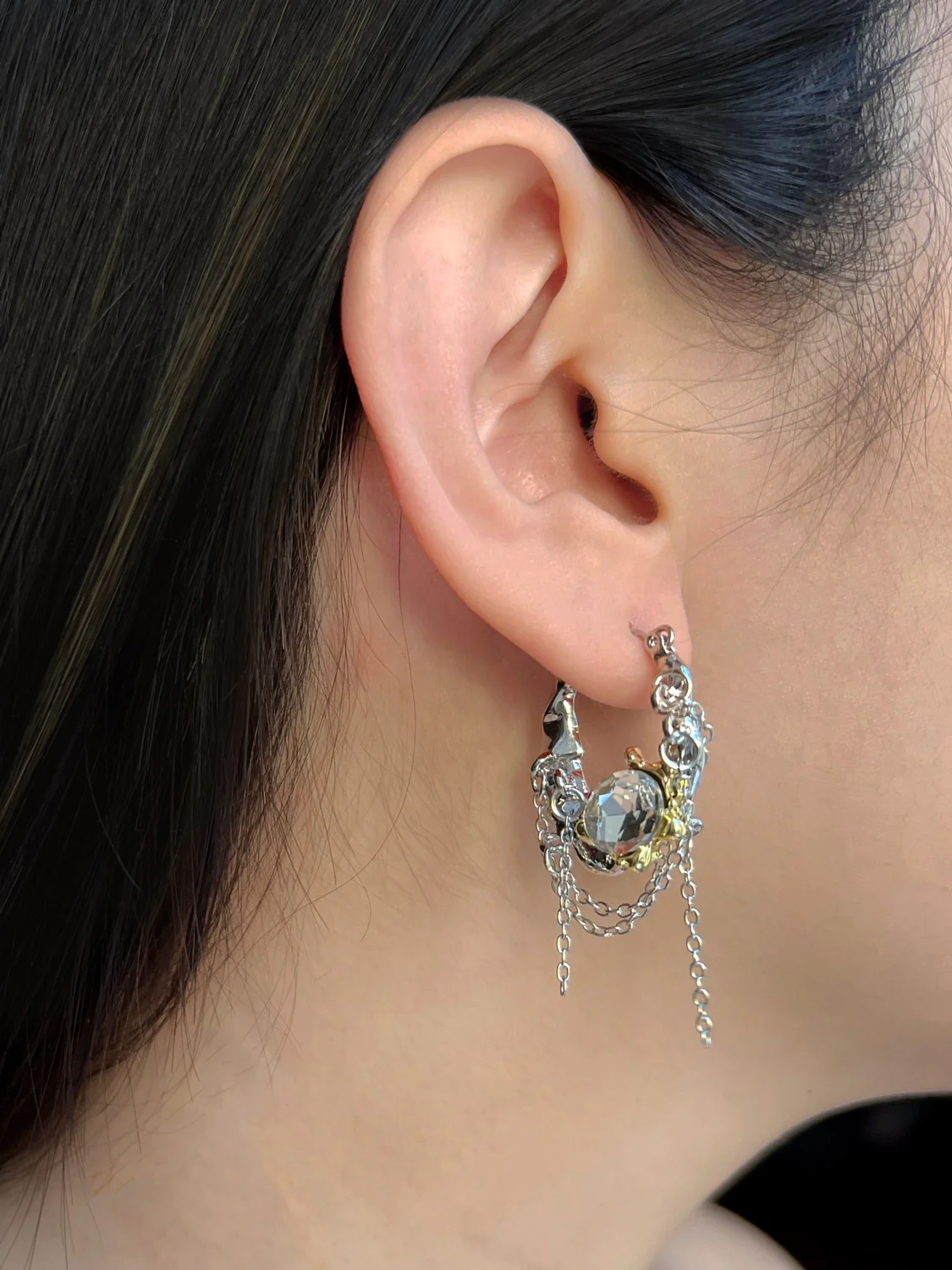Silver-Gold Baroque Gems and Chain Hoops - Image 3