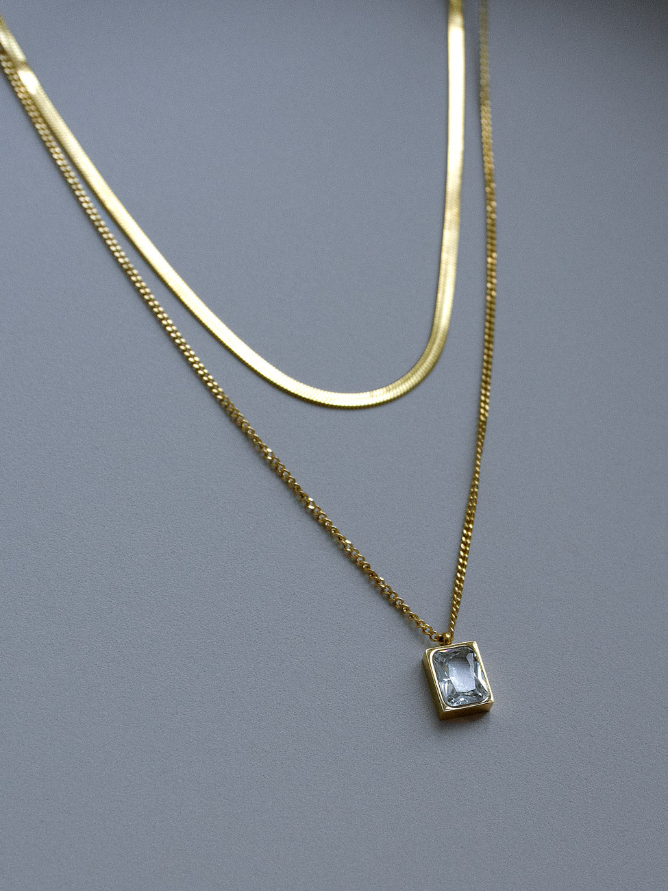 Snake Layered Necklace - Clear Rectangular Gemstone - Image 2