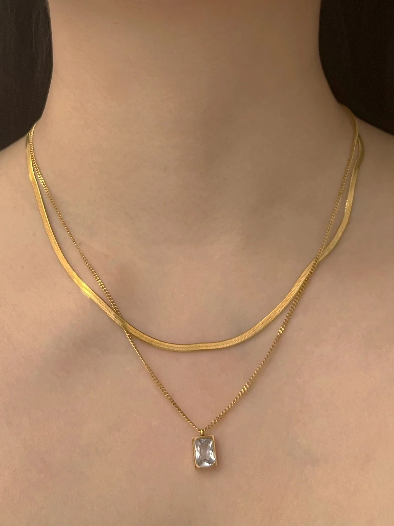 Snake Layered Necklace - Clear Rectangular Gemstone - Image 3