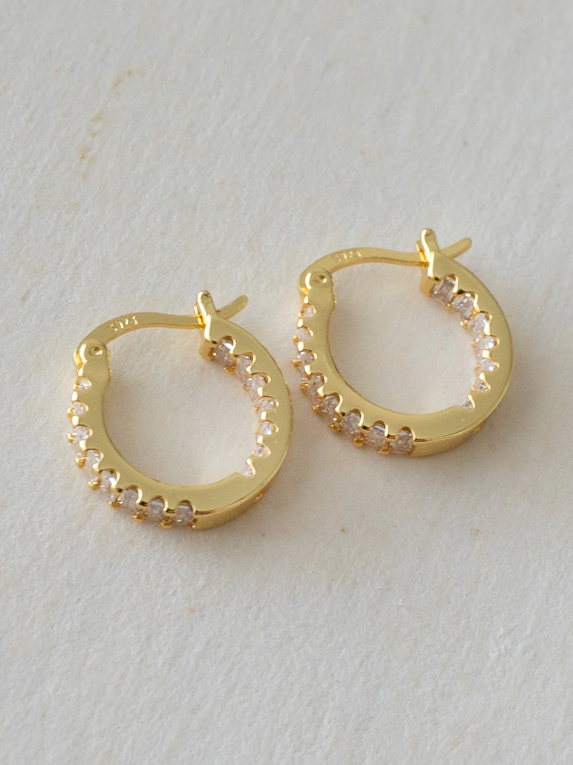Sparkle Gemstone Mini Hoops, S925 - Clear, Gold - Image 3